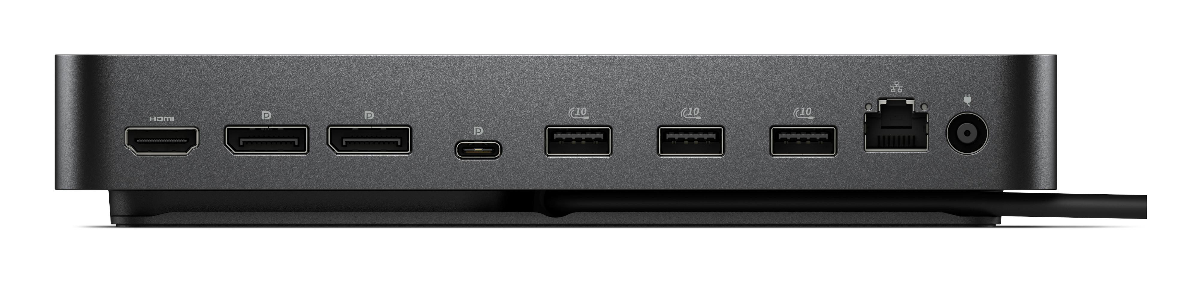 Schwarzer Dockingstation-Anschluss mit HDMI, DisplayPort, USB-C, USB-A und Ethernet.
