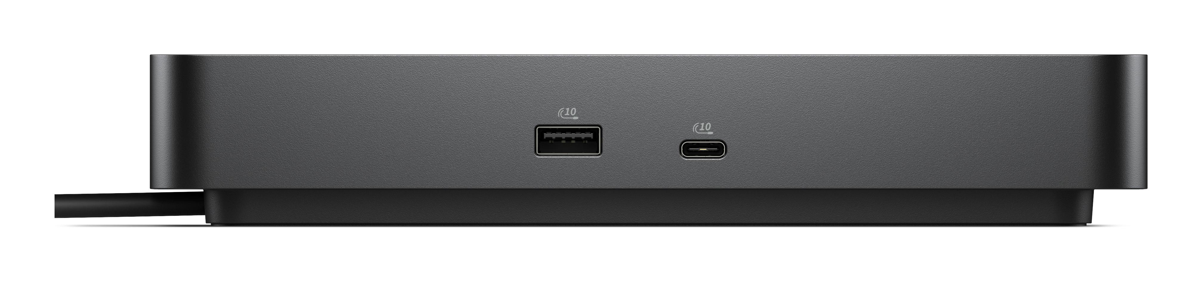 Ein schwarzes Dock mit USB-A und USB-C Anschlüssen.