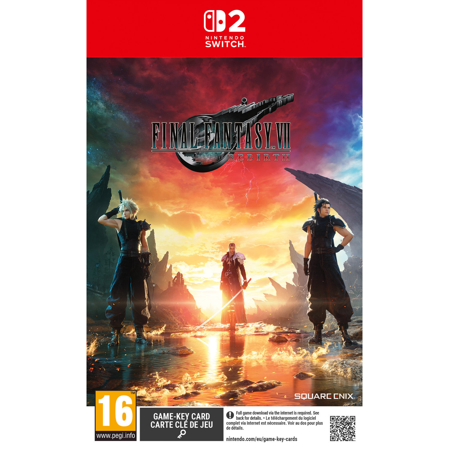 Three characters stand in a fiery landscape before a sunset. Nintendo Switch logo at top.