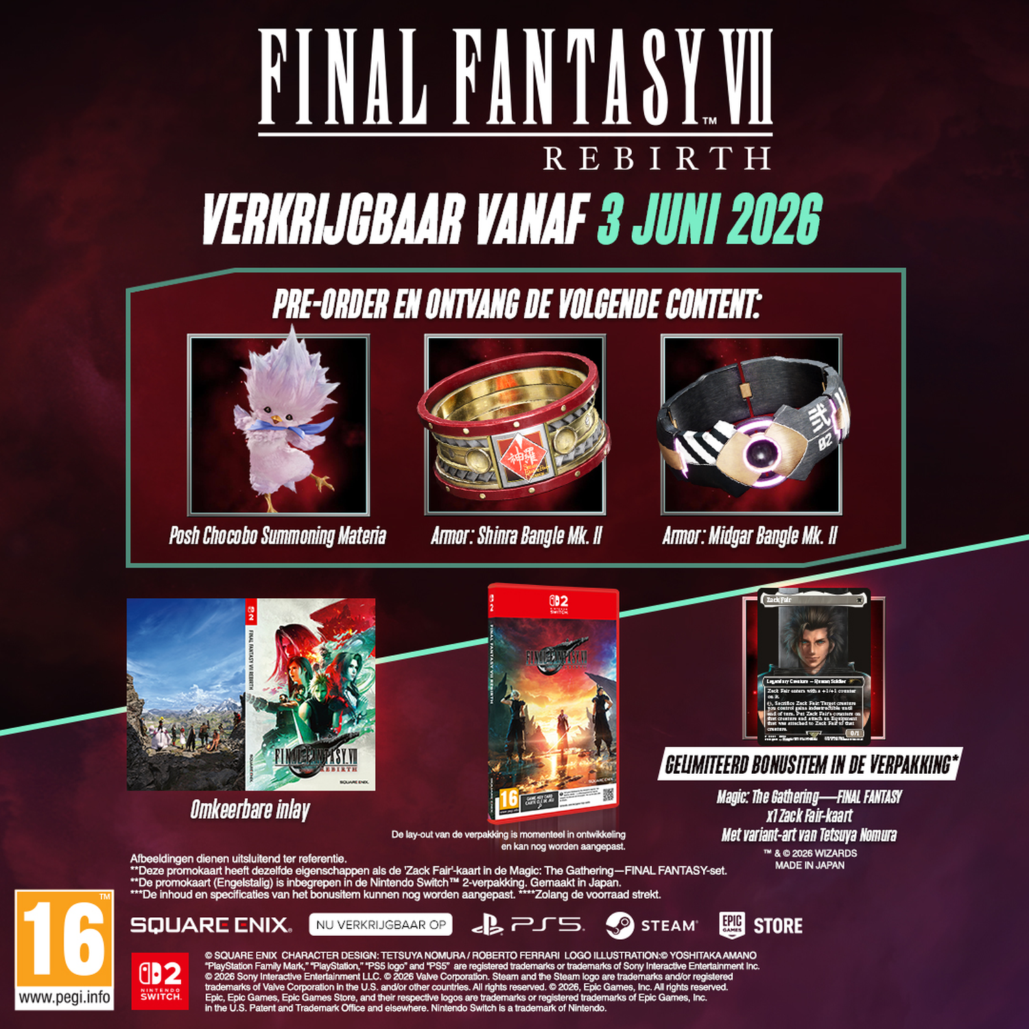 Final Fantasy VII Rebirth ad featuring game, accessories, and Magic card.