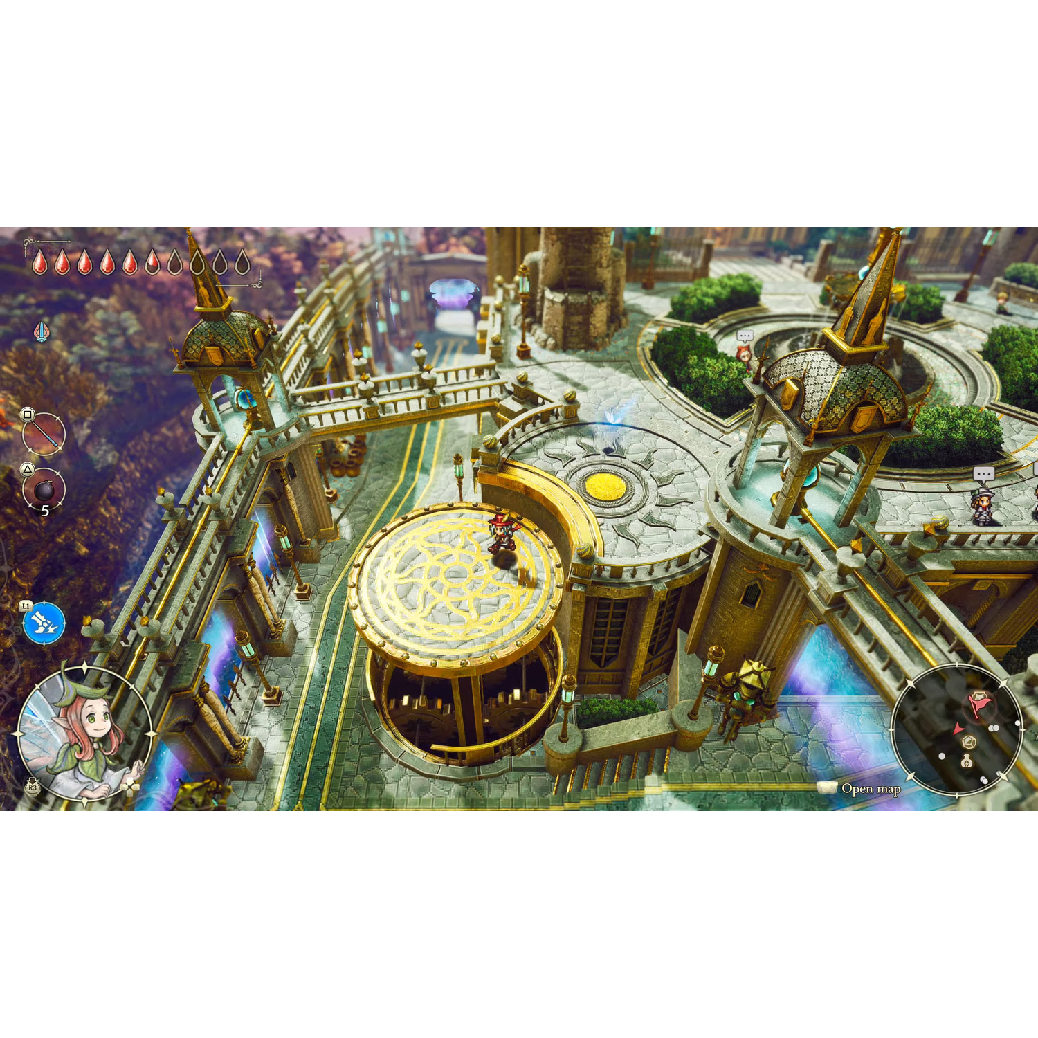 Fantasy city with golden spires and green bushes.