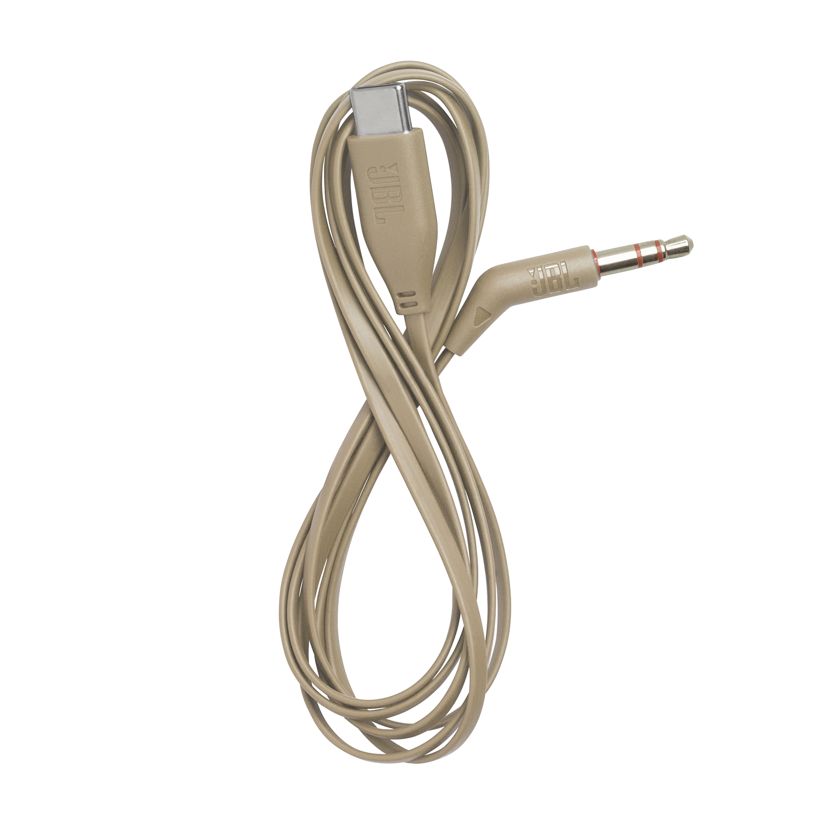 USB-C ve jak konektörlü bej renkli kablo, beyaz zeminde.
