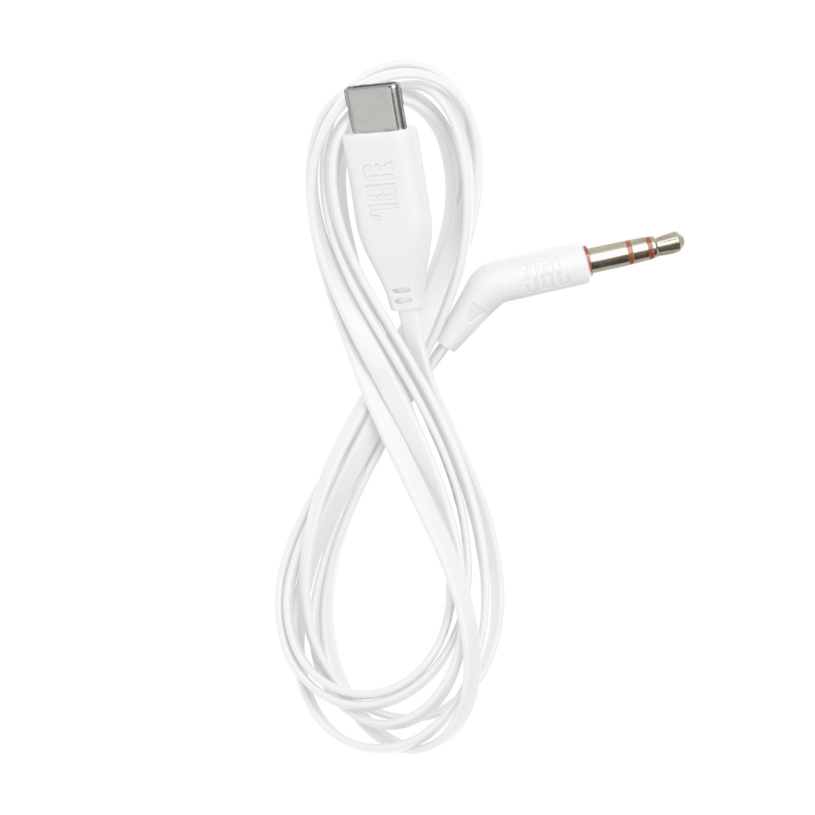 İki konektörlü beyaz bir JBL USB-C - 3,5 mm ses kablosu.