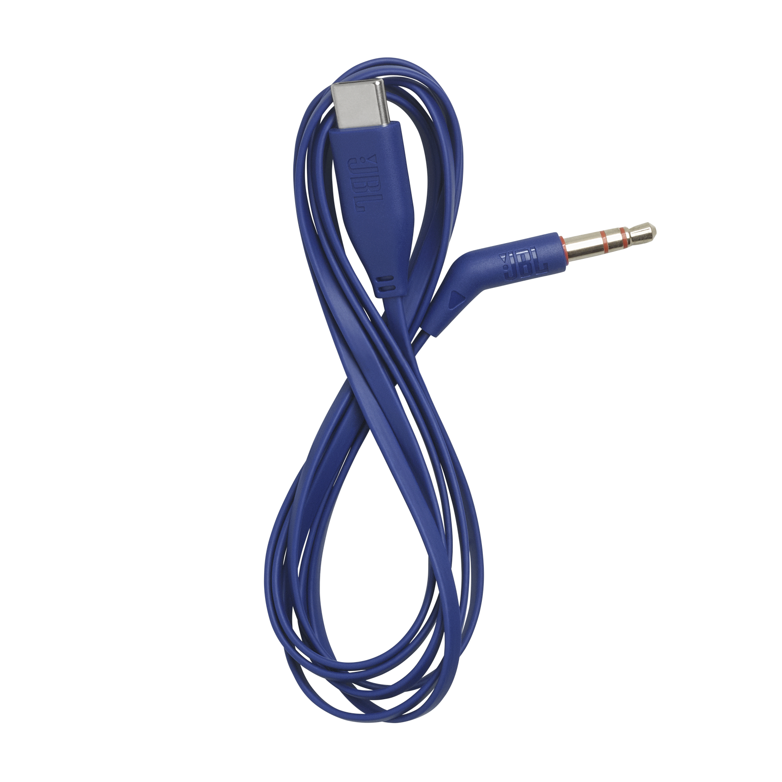 Beyaz arka plan üzerinde USB-C ve 3,5 mm konektörlü mavi JBL kablosu.
