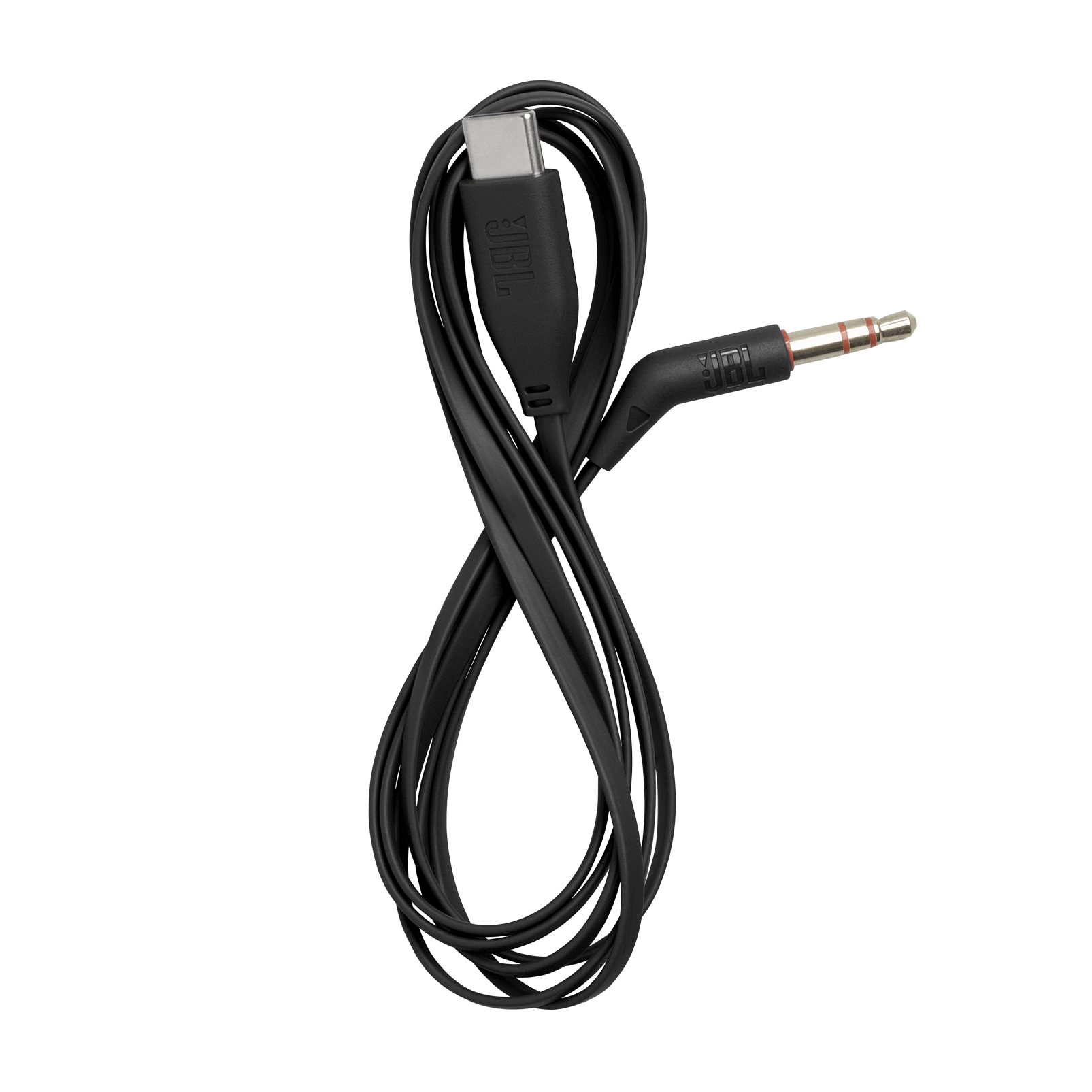 Siyah JBL USB-C - 3,5 mm aux kablosu, sarılı.