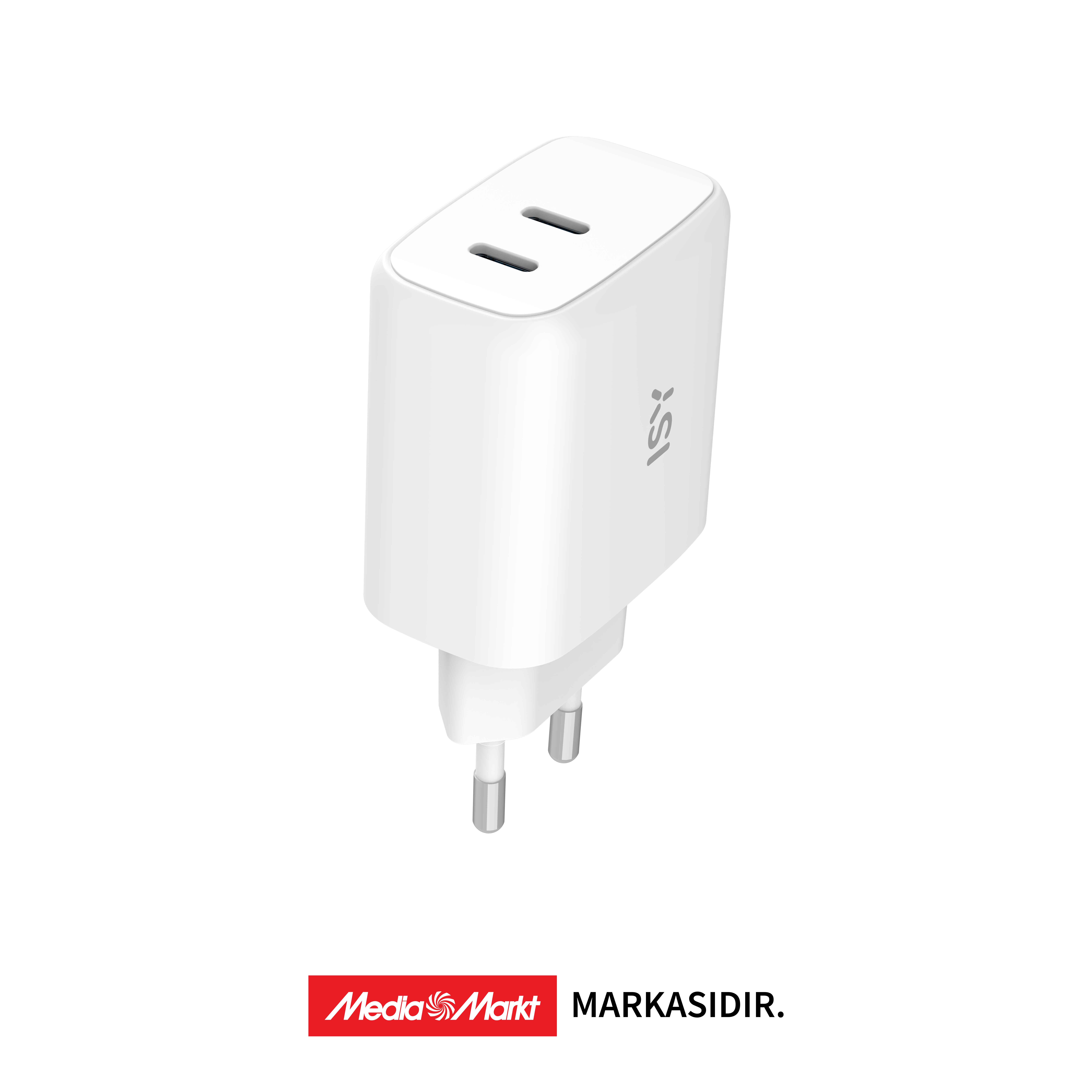 İki portlu ve bir fişli beyaz ISY USB adaptörü.