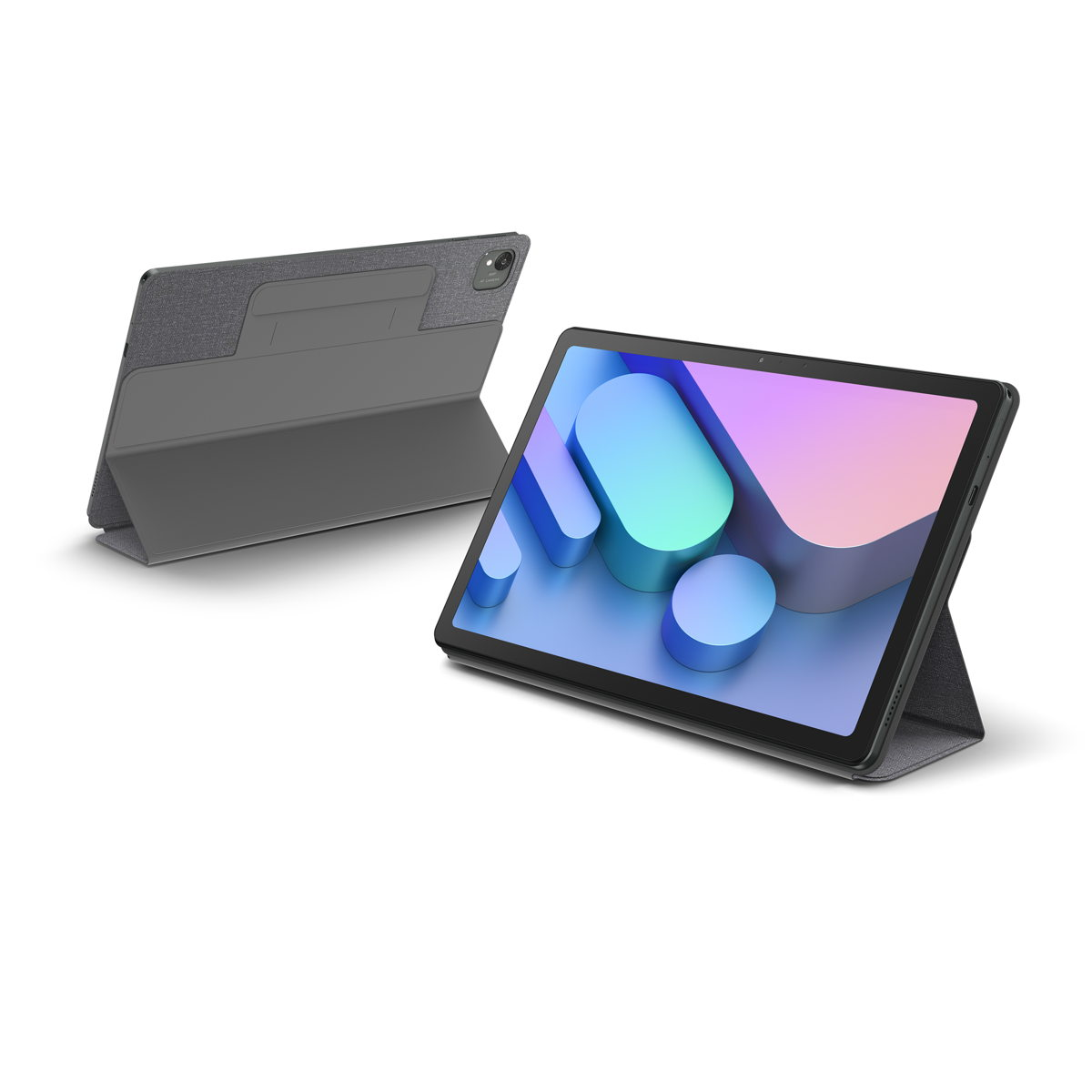 Een tablet in een grijze hoes staat op een standaard. Daarachter een tablet.