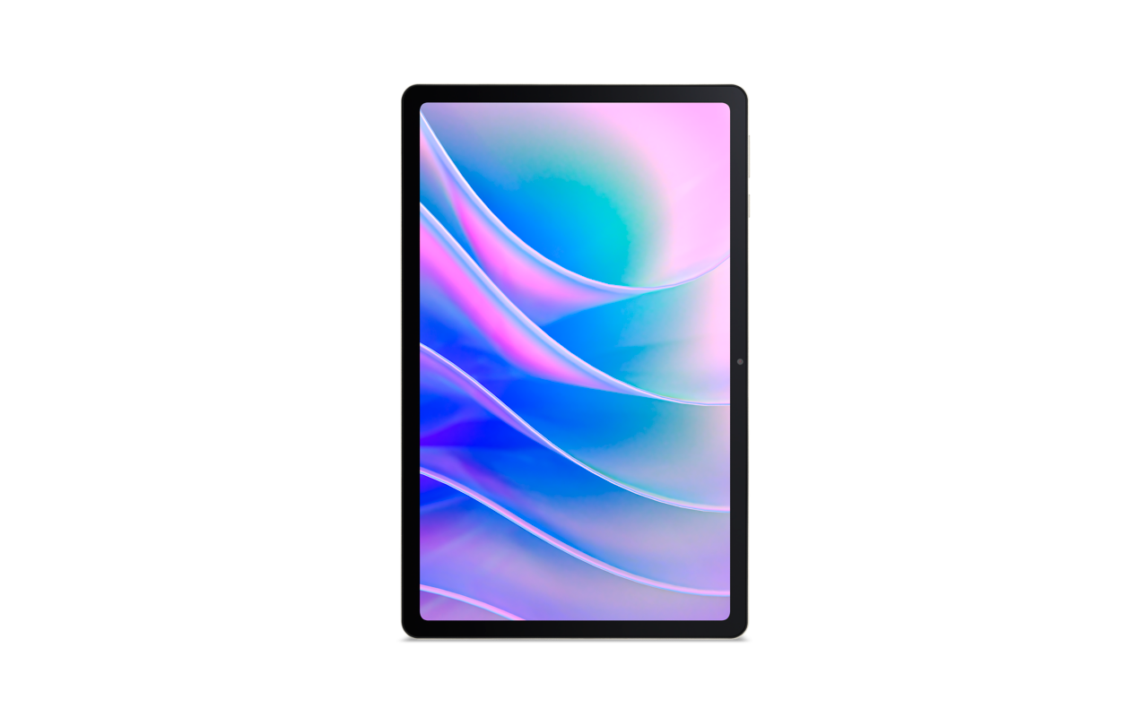 Een zwarte tablet met een kleurige, abstracte achtergrond.