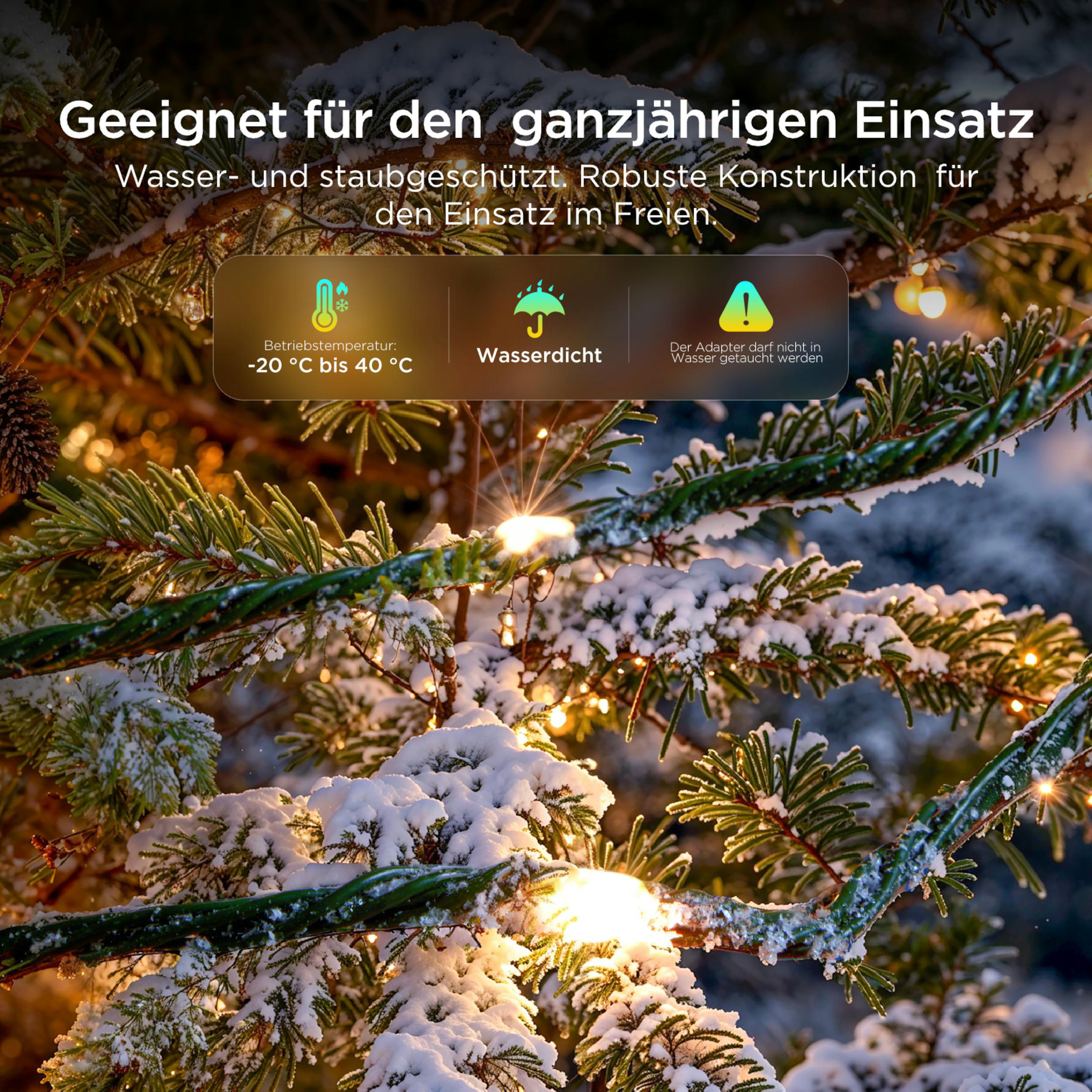 Schneebedeckte Tannenzweige mit Lichterkette, geeignet für den Außeneinsatz.