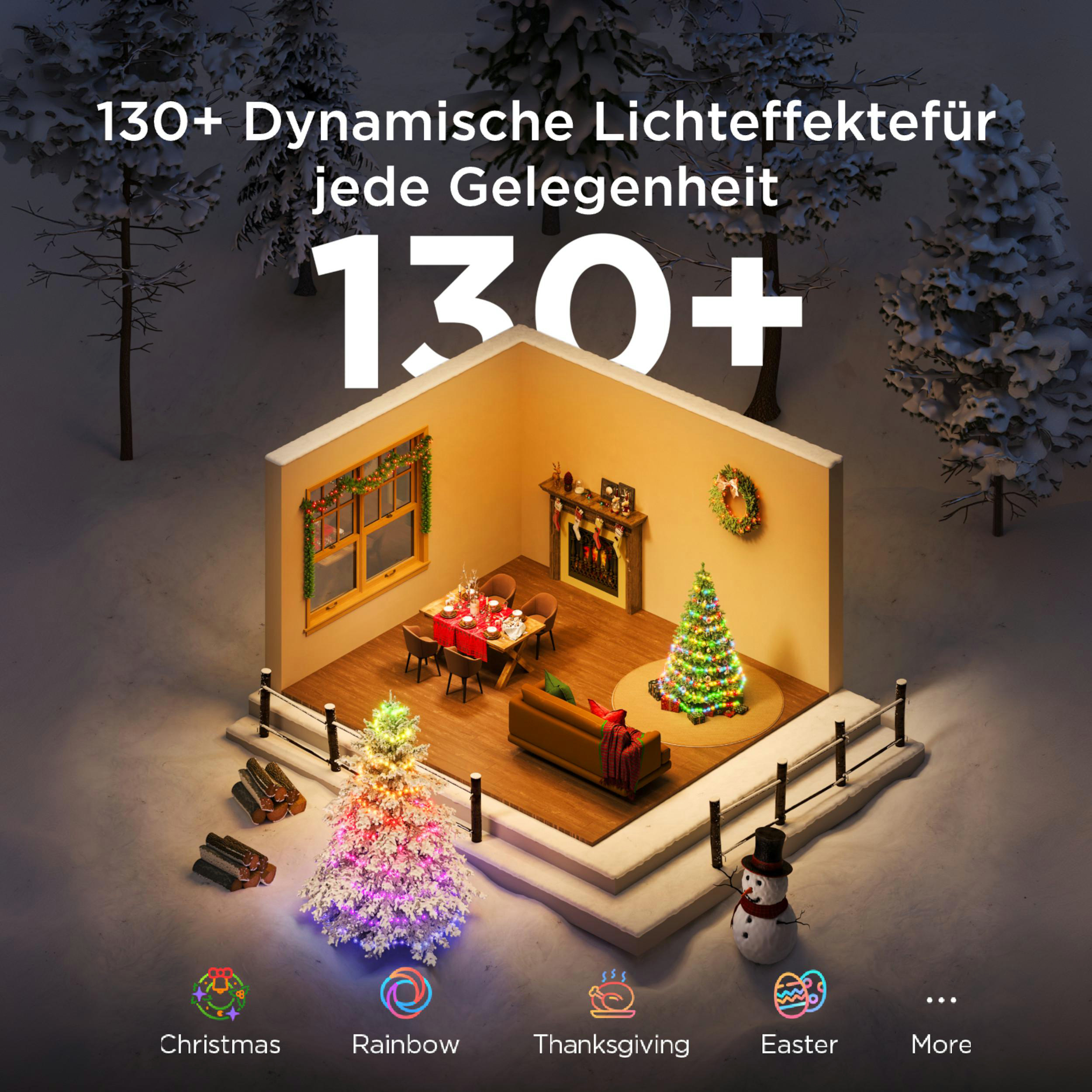 Winterlandschaft mit beleuchtetem Haus, Weihnachtsbäumen und Schneemann.