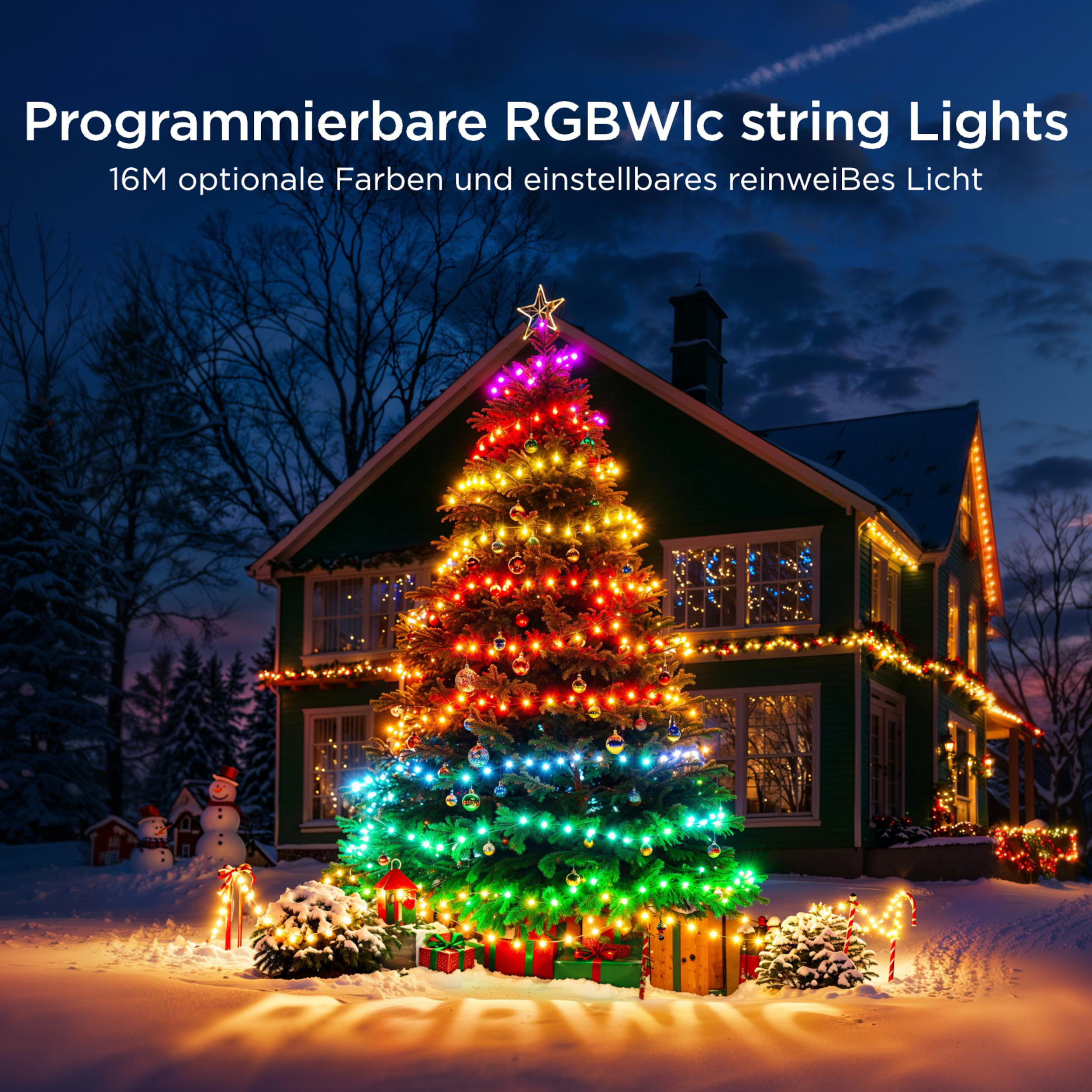Ein Haus mit einem Weihnachtsbaum, beleuchtet mit bunten Lichterketten im Schnee.