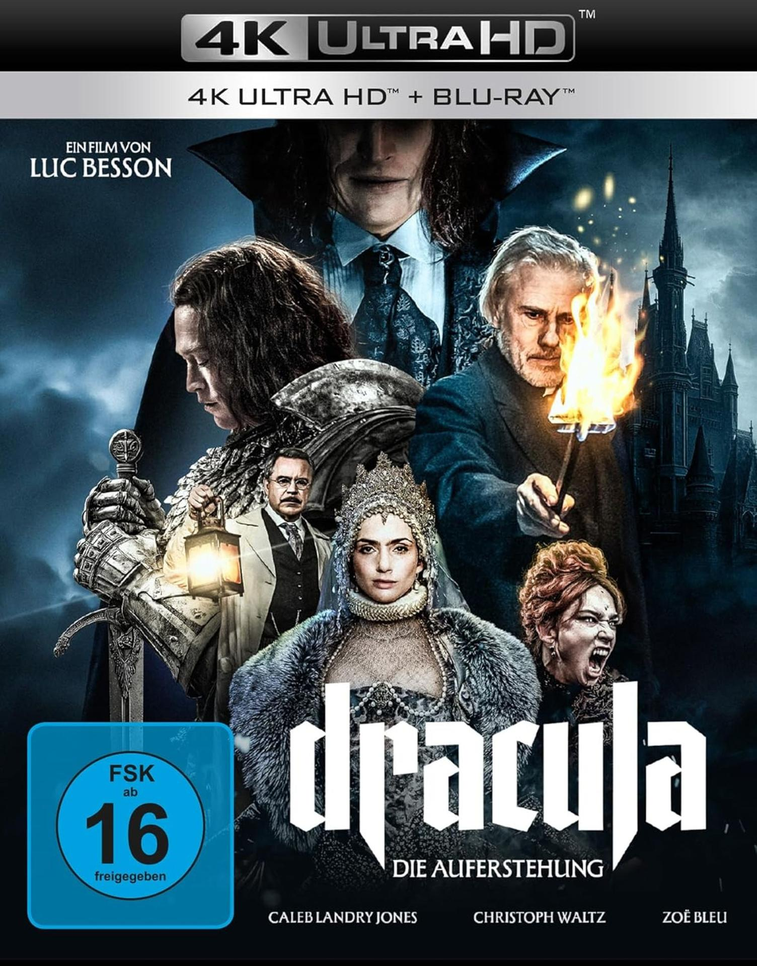 Filmplakat mit Dracula-Darstellern und Burg im Hintergrund.