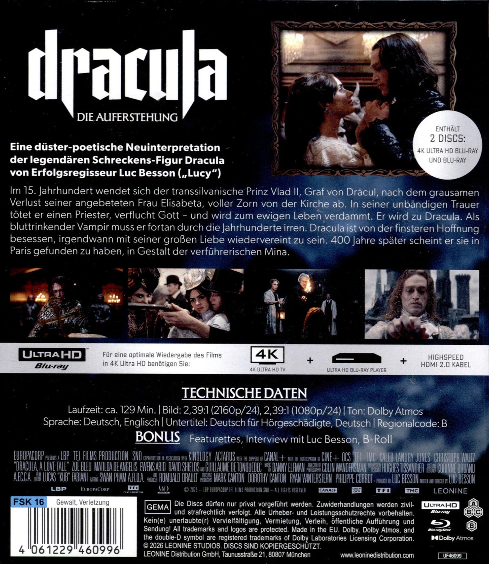 Dracula "Die Auferstehung" Blu-ray Cover mit Filmszenen und technischen Details.