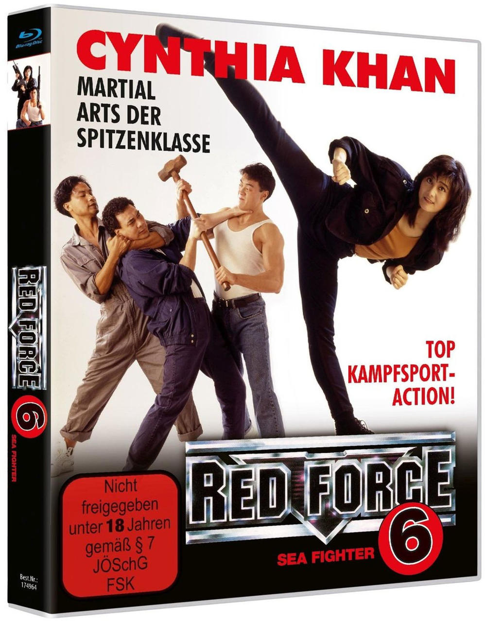 Cynthia Khan tritt in Red Force 6: Sea Fighter mit einem hohen Tritt gegen Gegner an.