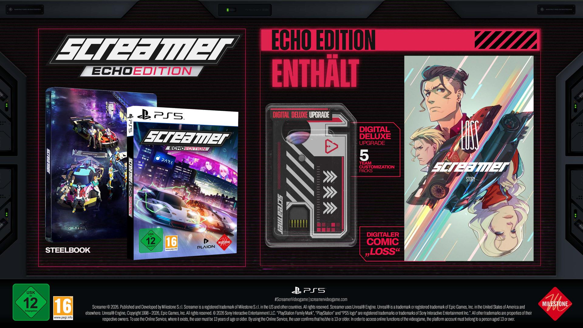 Screamer Echo Edition für PS5 mit Steelbook, digitalem Upgrade und Comic.