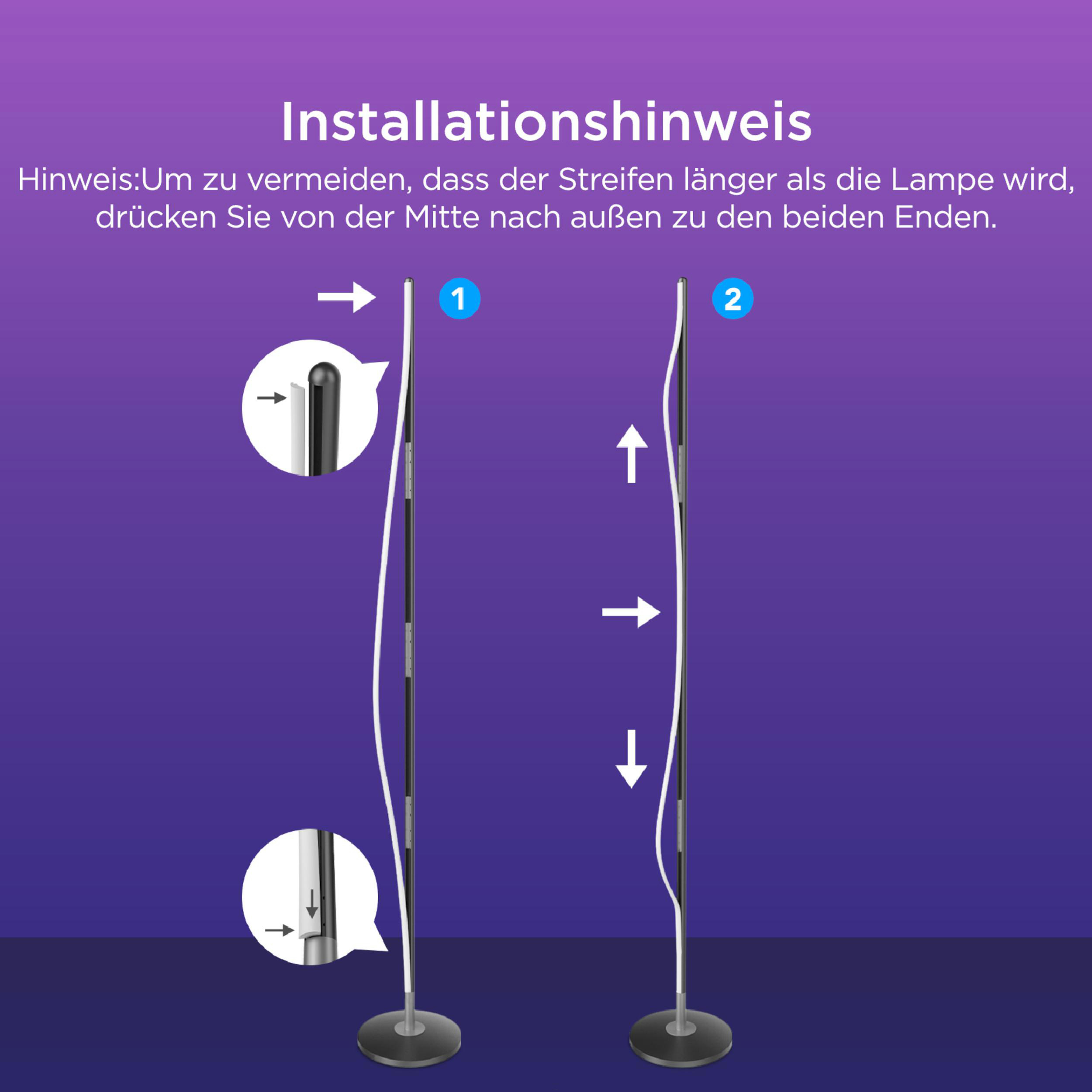 Installationsanleitung: Lampe mit Streifen. Pfeile zeigen die Richtung an.
