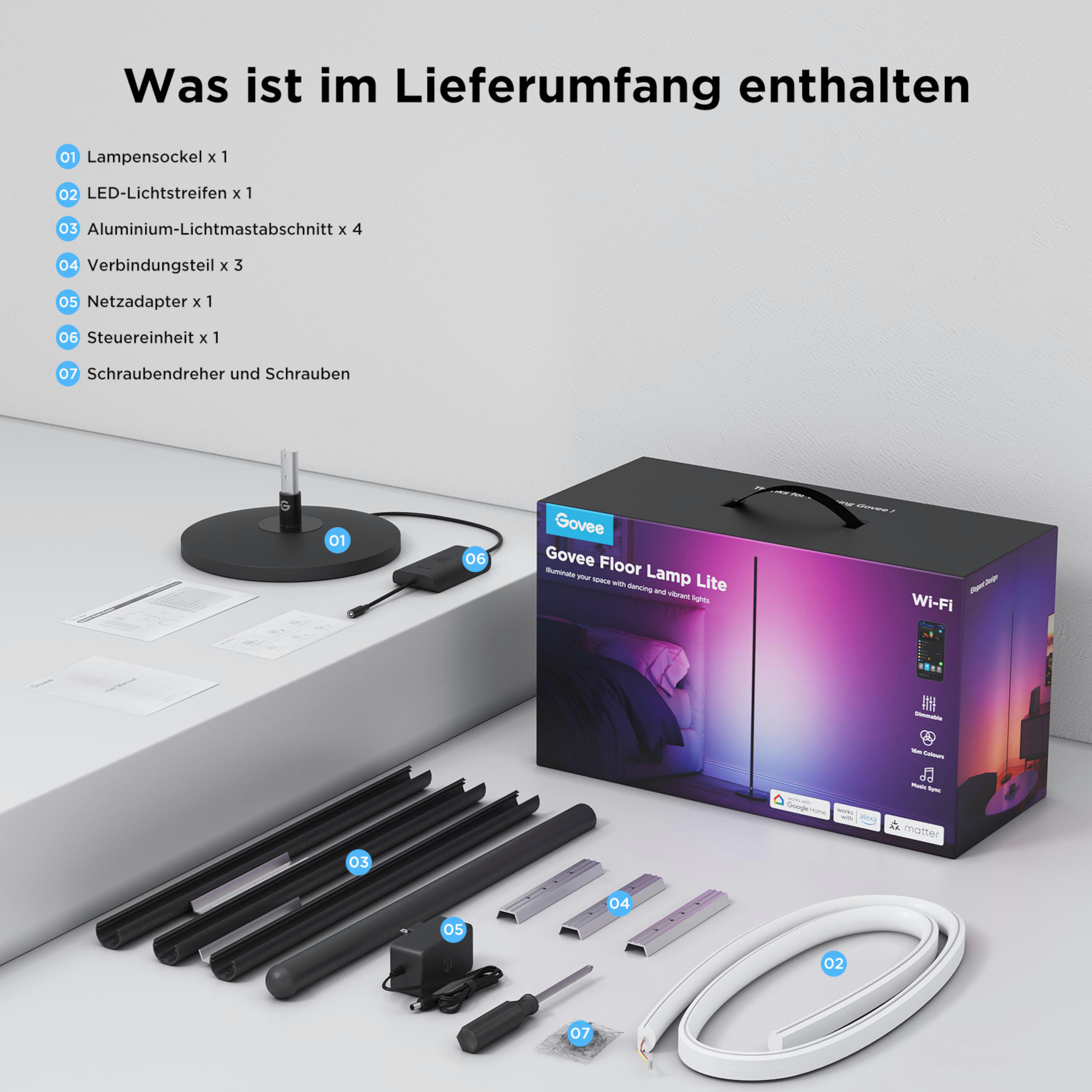 Govee Bodenlampe Lite: Sockel, LED-Streifen, 4 Mastteile, 3 Verbinder, Netzteil, Steuereinheit, Werkzeug.