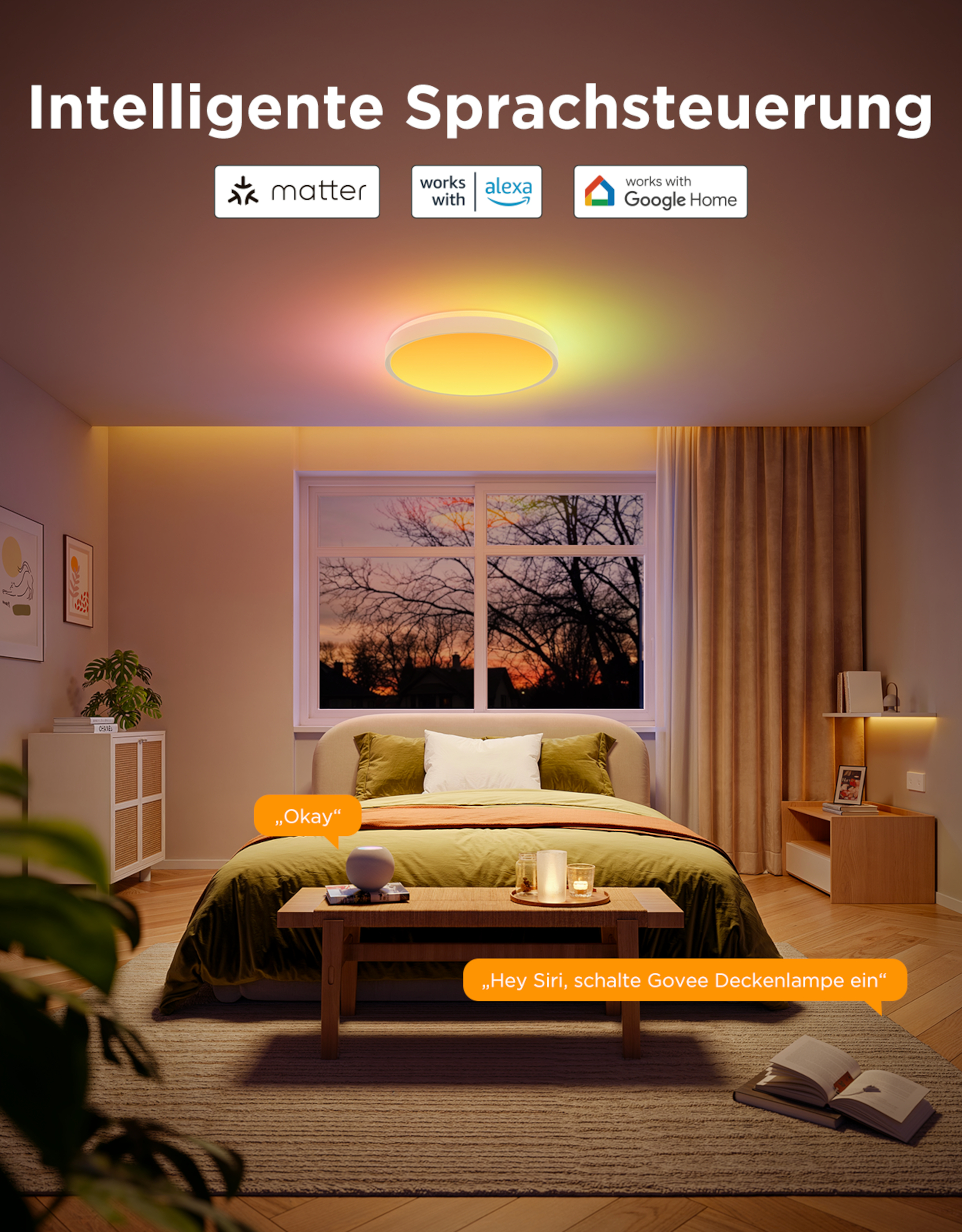 Smarte Deckenlampe in einem Schlafzimmer, kompatibel mit Matter, Alexa, Google.