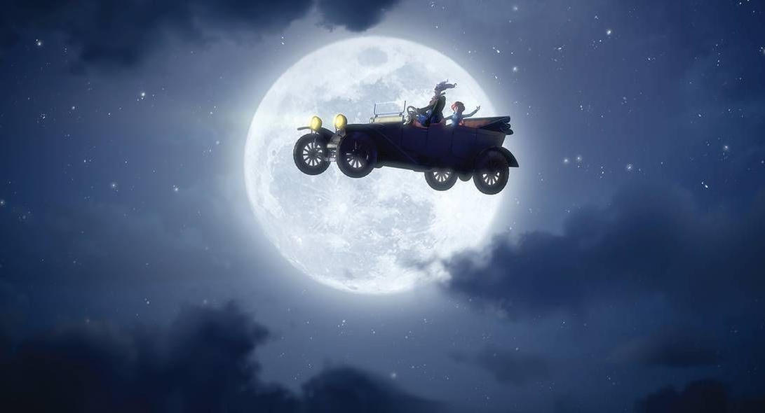 Ein Oldtimer fliegt vor einem großen Mond und Sternen am Nachthimmel.