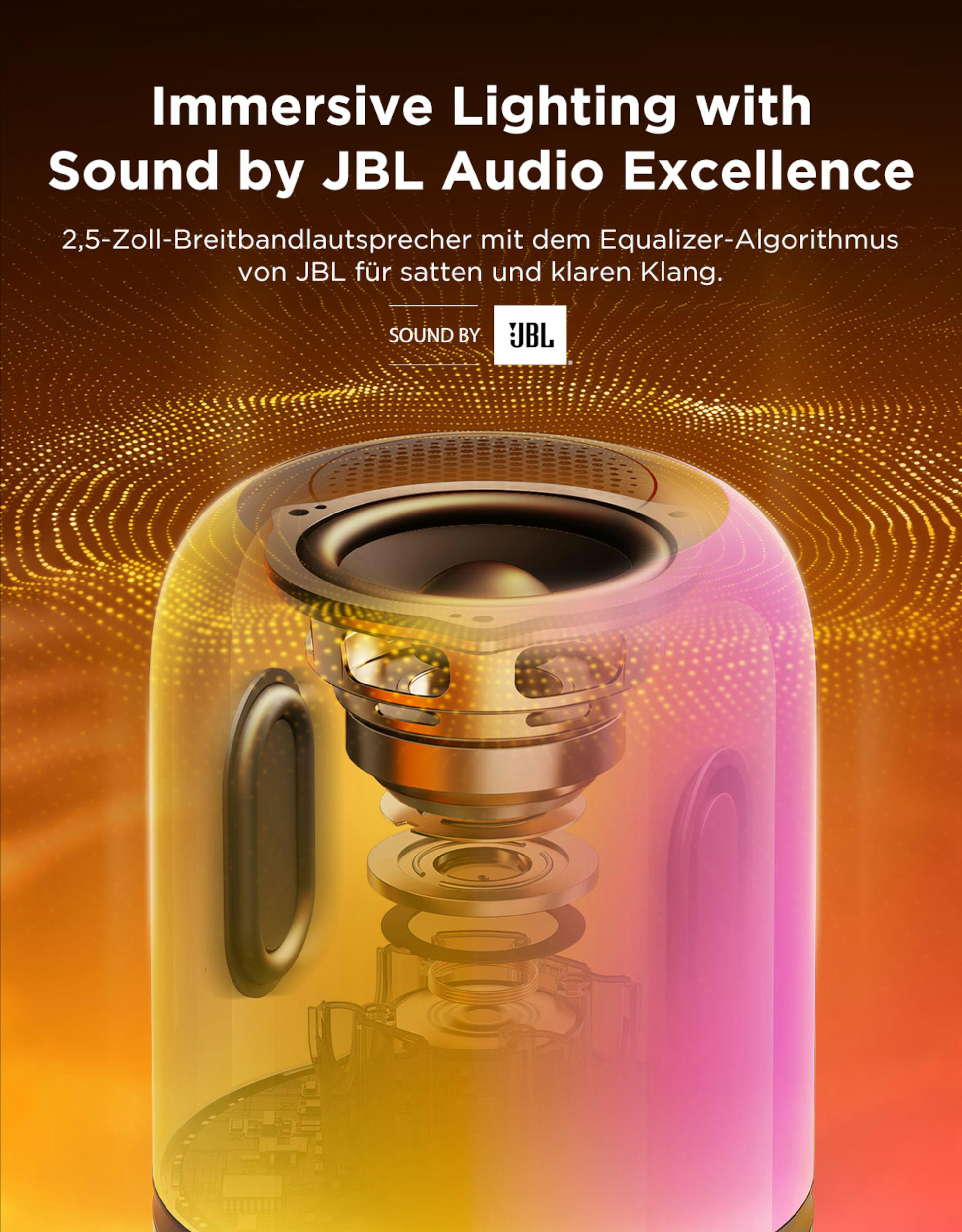 Ein durchsichtiger Lautsprecher mit JBL-Logo und beleuchtetem Design.