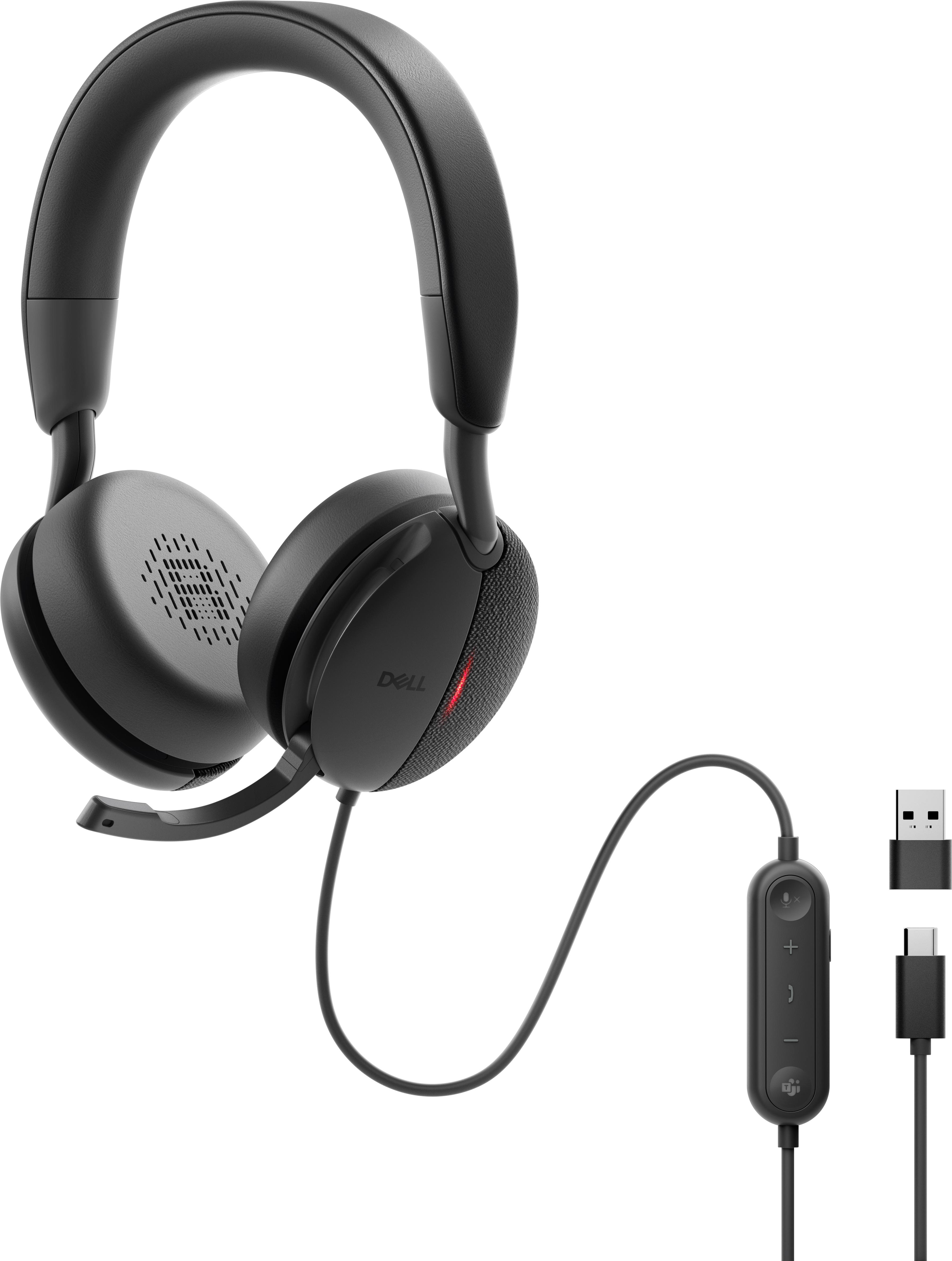 Schwarze Dell-Kopfhörer mit Mikrofon, USB-C und USB-A-Adaptern.