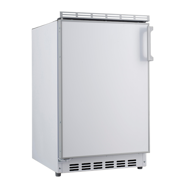 Ein weißer Minikühlschrank mit silbernem Griff und Lüftungsschlitzen oben und unten.
