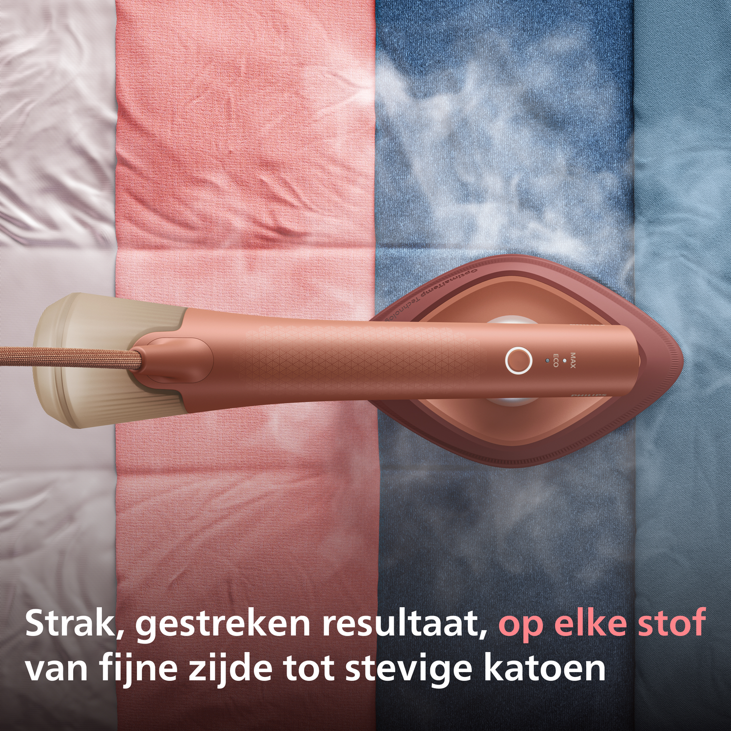Steam iron on various fabrics: silk, cotton, jeans, emitting steam.