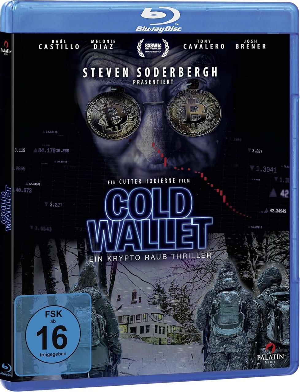 Filmcover: Krypto-Thriller "Cold Wallet" mit Bitcoin-Symbolen und Schnee.
