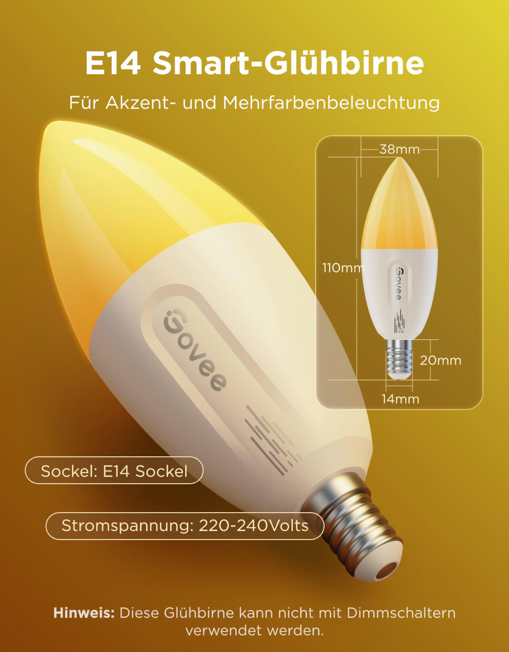 Eine gelbe E14 Smart-Glühbirne von Govee mit Maßen und Sockelinfos.
