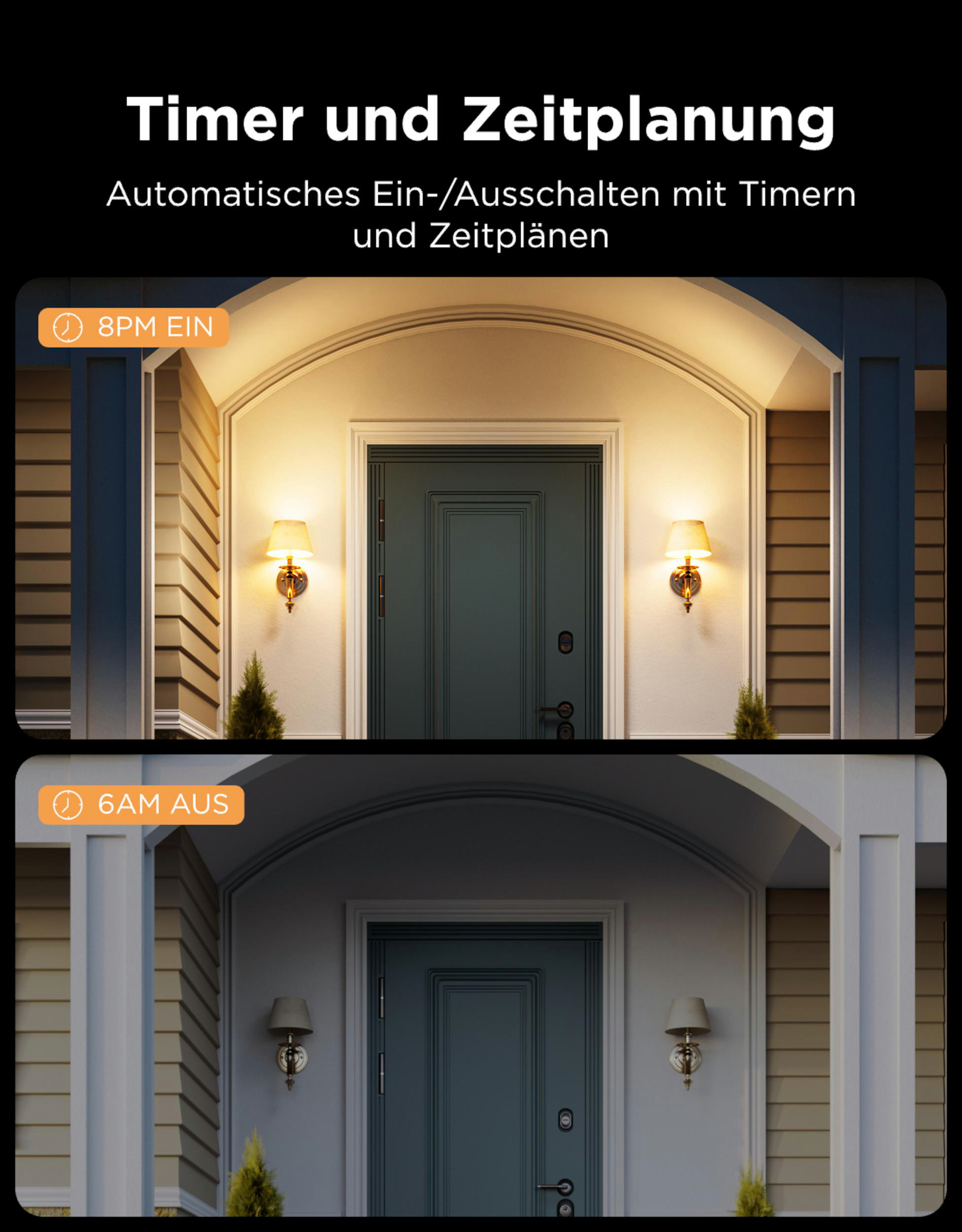 Zwei Bilder zeigen eine Haustür. Oben leuchten die Lampen um 20 Uhr, unten sind sie um 6 Uhr aus.