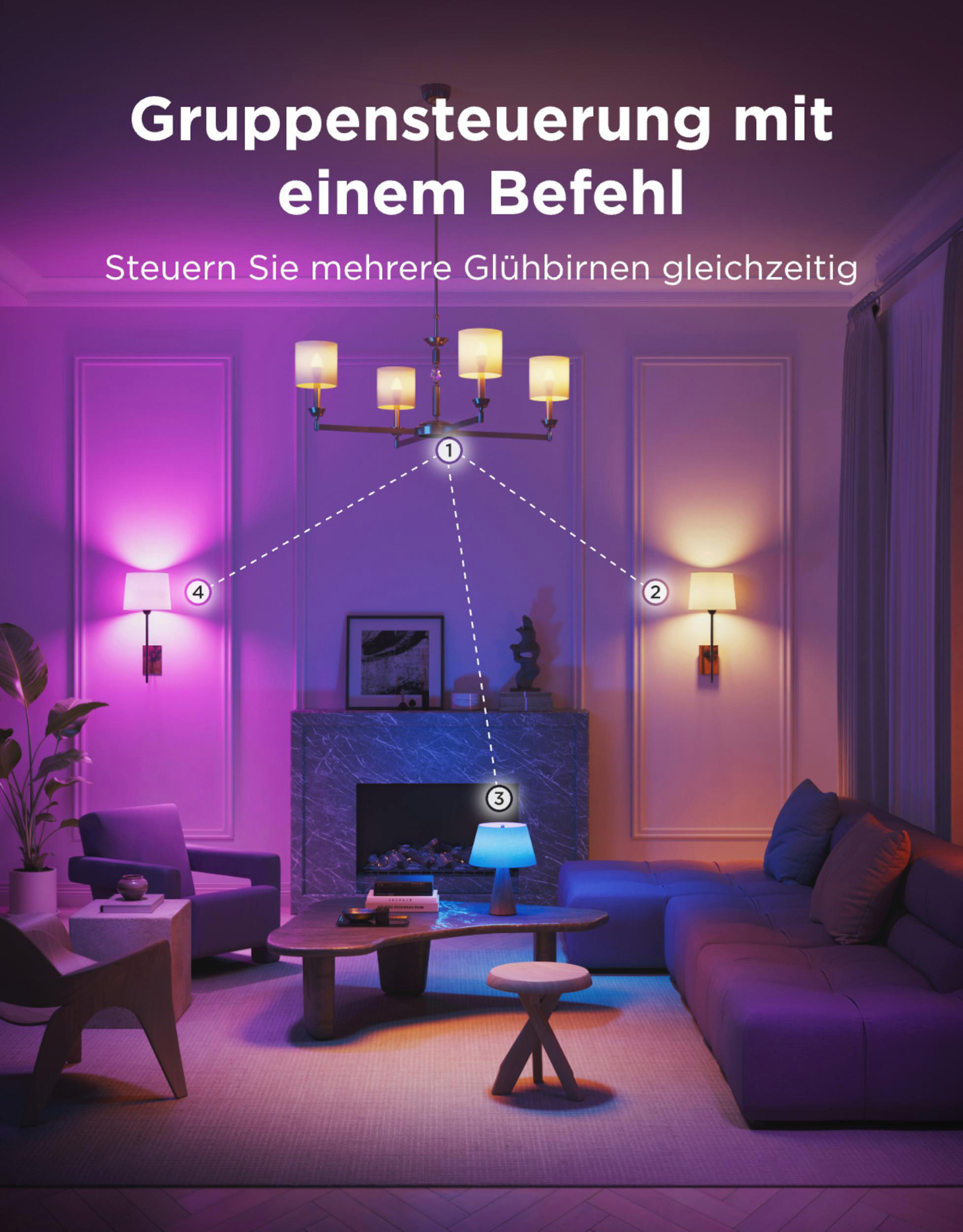 Ein Wohnzimmer mit mehreren Lampen, die lila und blau leuchten.