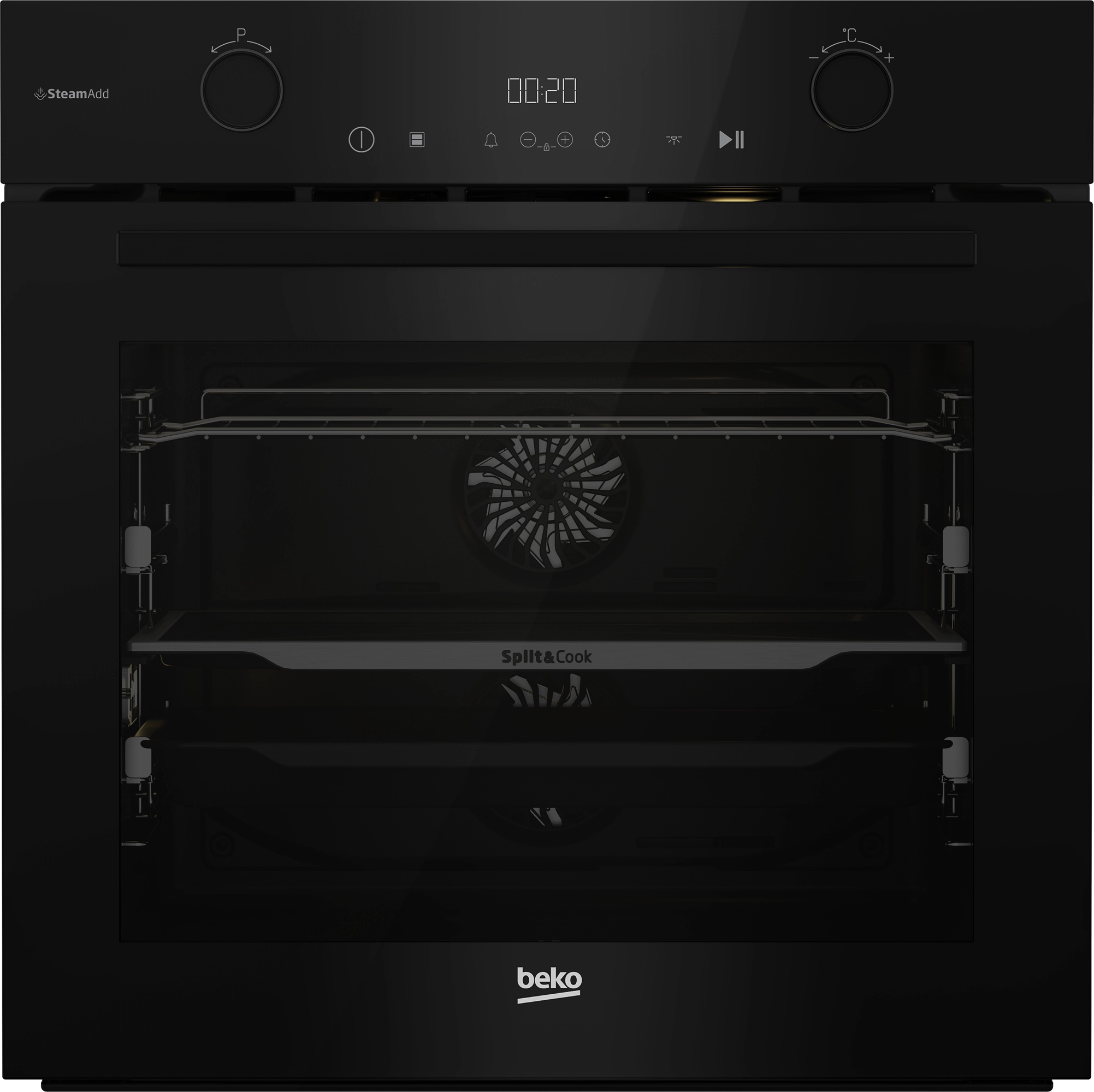 Czarny piekarnik do zabudowy z cyfrowym wyświetlaczem i pokrętłami.