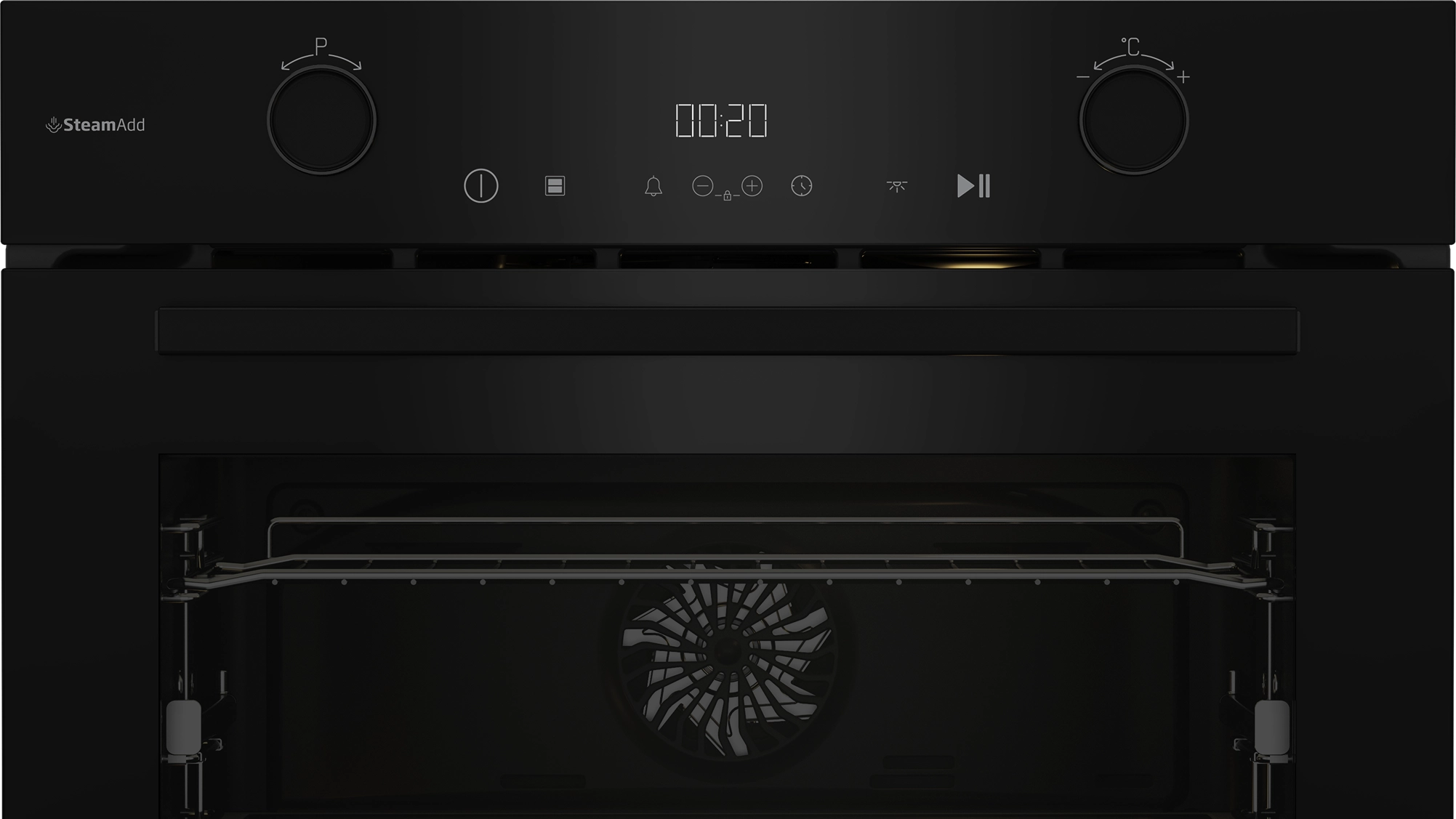 Czarny piekarnik z cyfrowym sterowaniem, wentylatorem i rusztem.