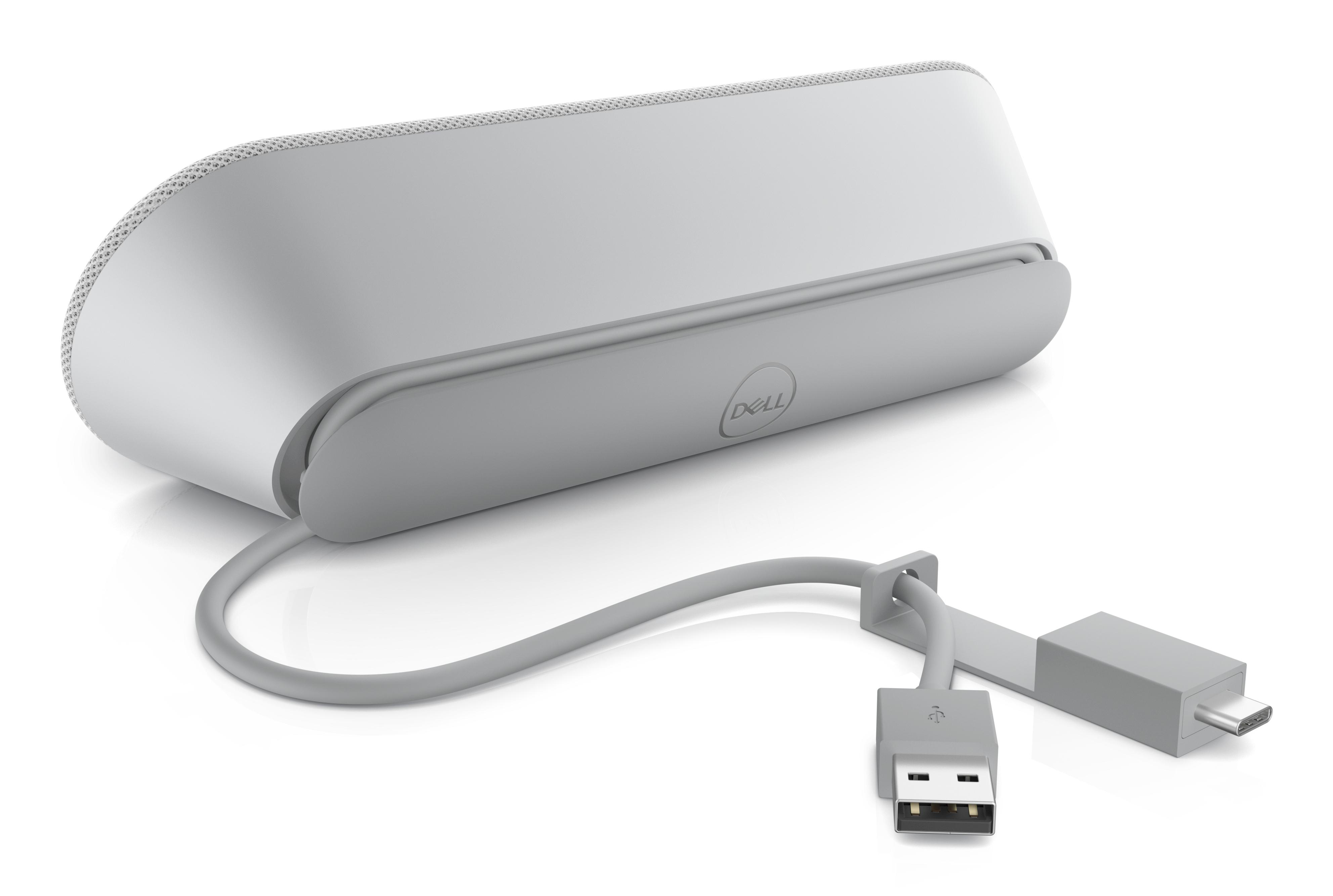 Grauer Dell Lautsprecher mit USB-C und USB-A Kabel.