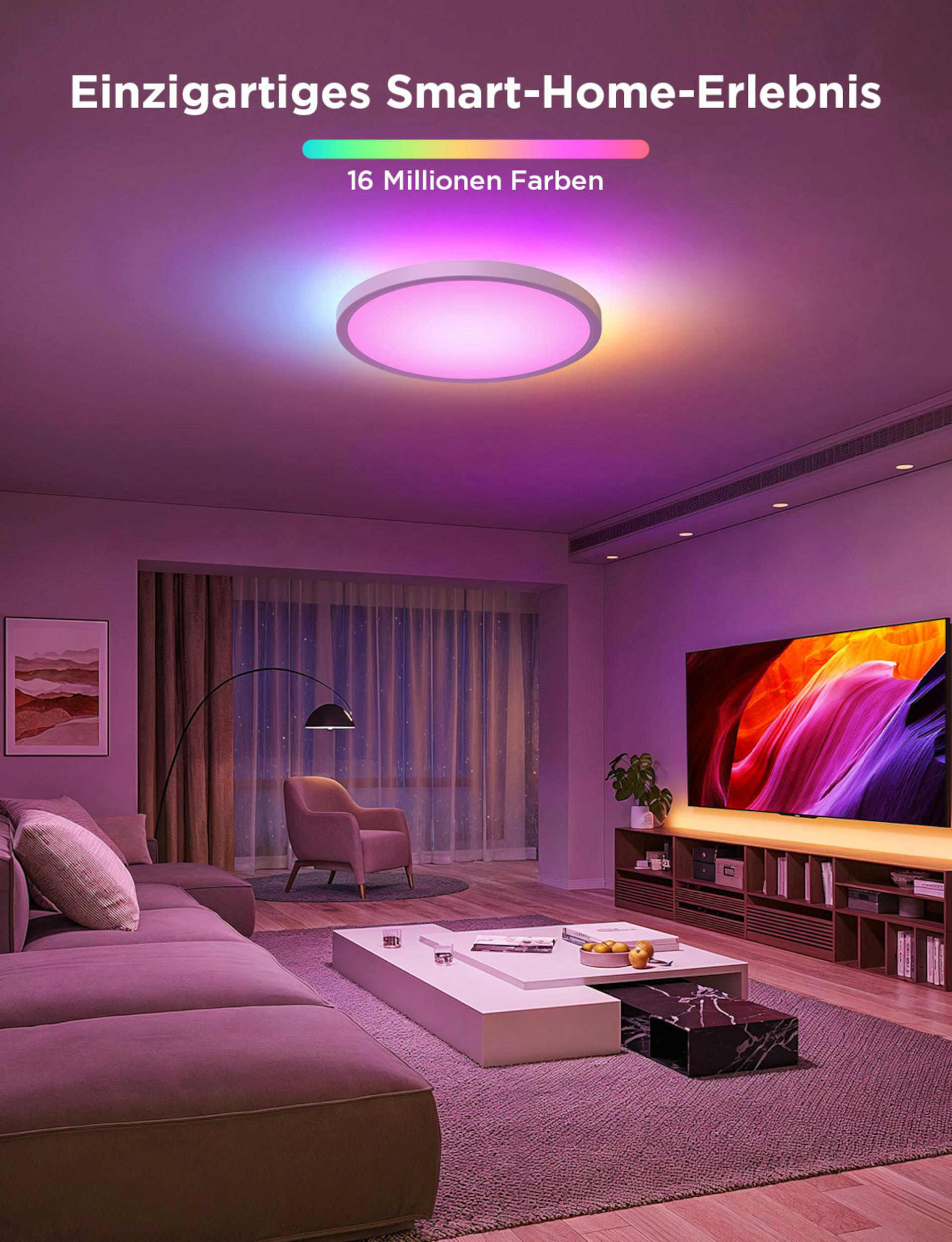Ein modernes Wohnzimmer mit farbiger Deckenbeleuchtung und einem großen Fernseher.