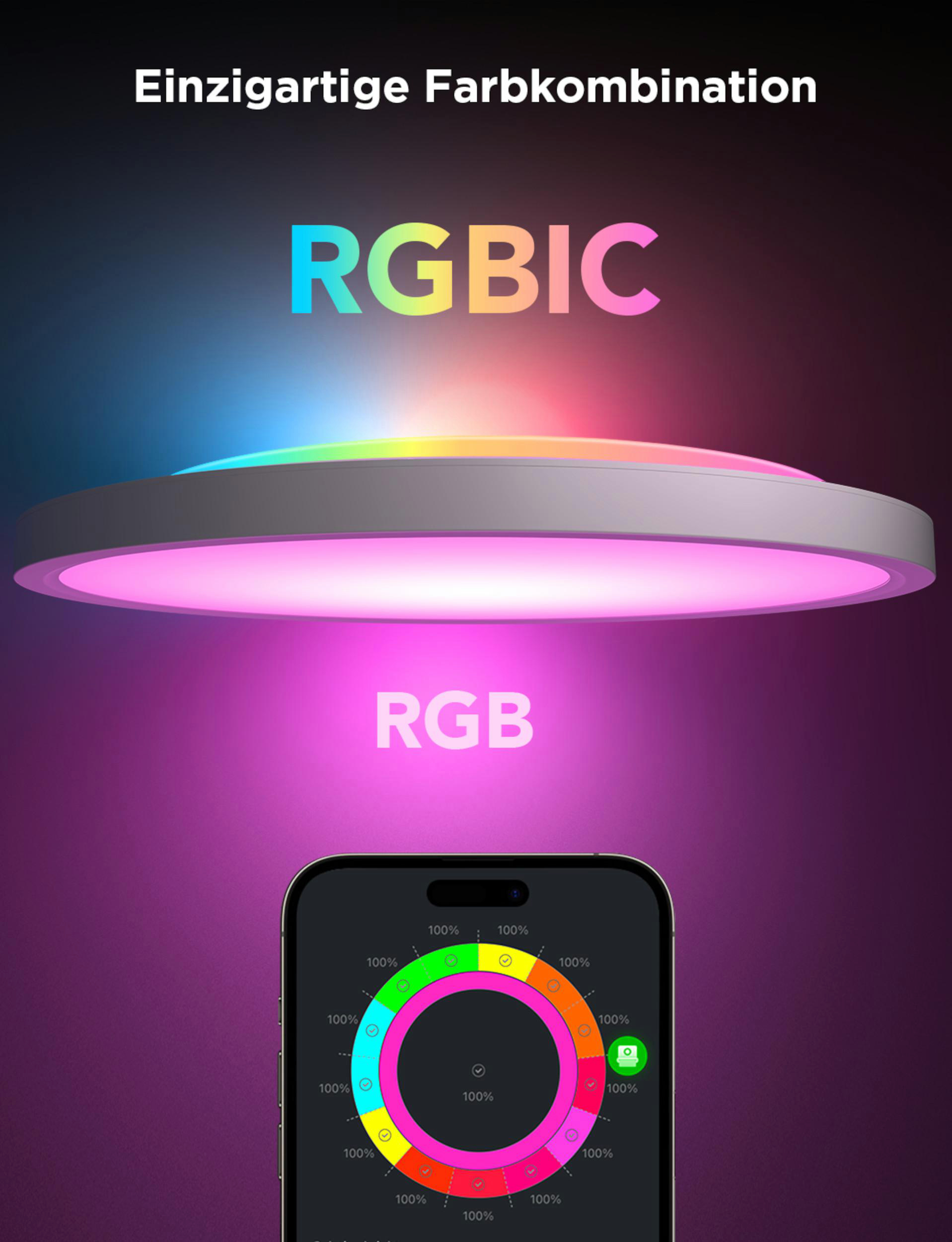 Eine Lampe mit RGBIC-Beleuchtung über einer App zur Farbauswahl.