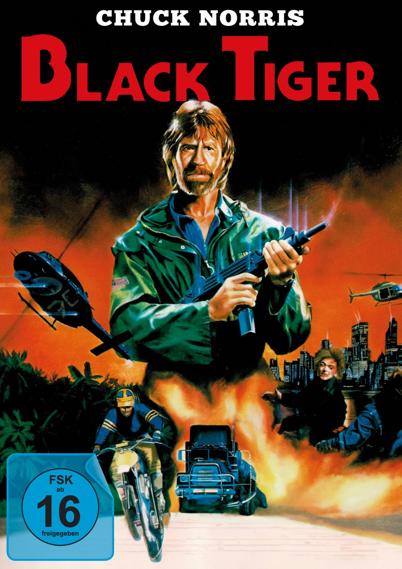 Chuck Norris hält eine Waffe. Helikopter und ein Motorradfahrer sind zu sehen.