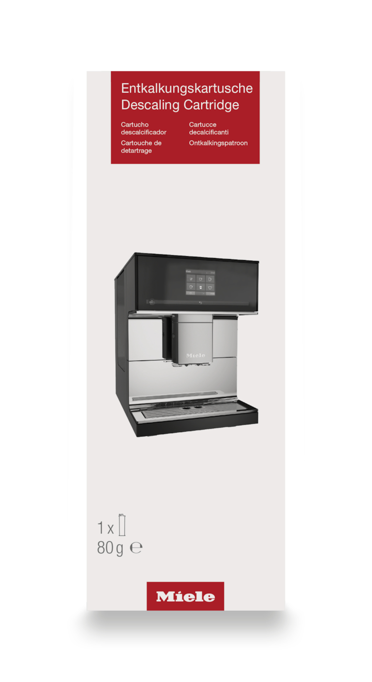 Miele Kaffeemaschine mit Entkalkungskartusche. Oben digitaler Bildschirm.
