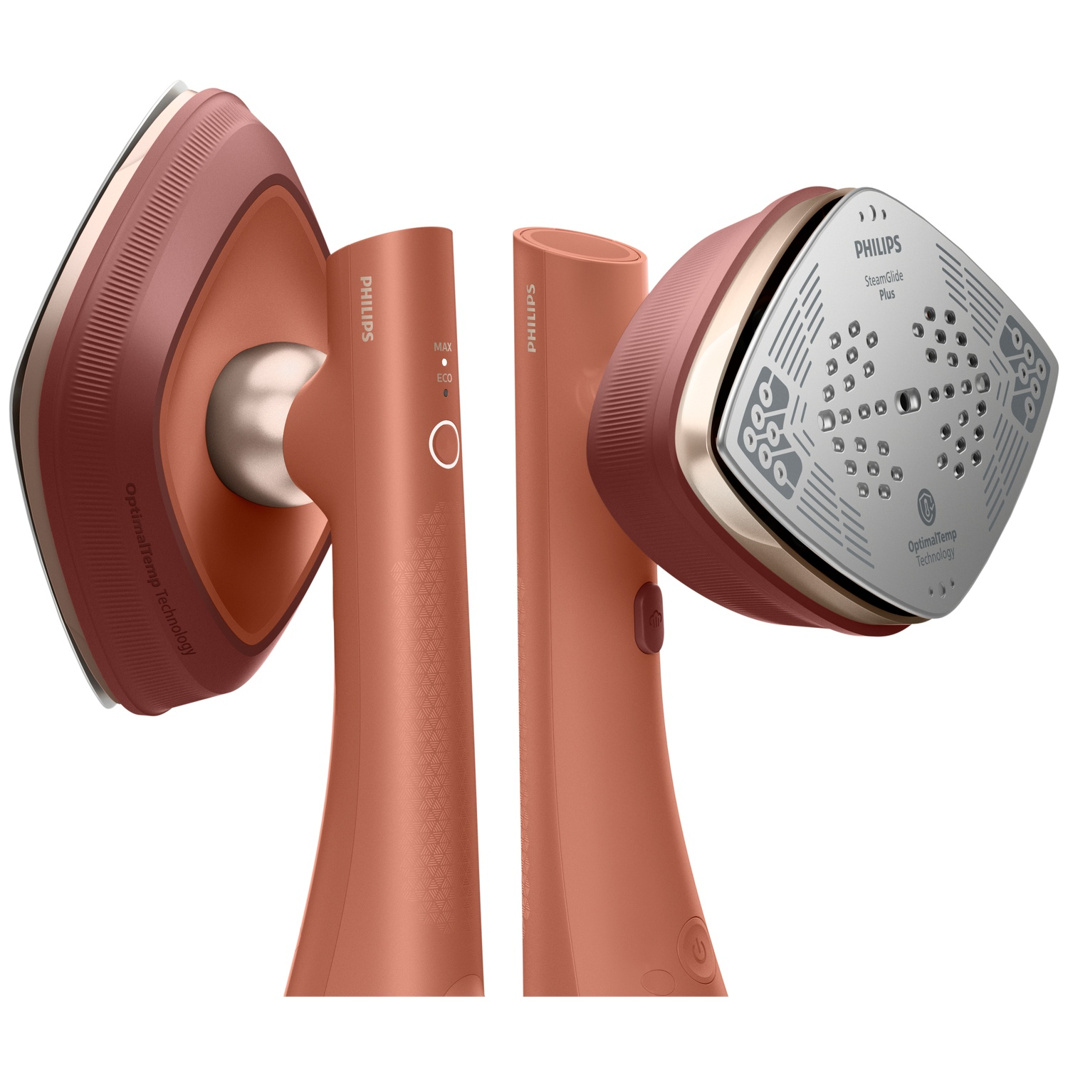 Two rose gold Philips irons shown from different angles, one with soleplate visible.