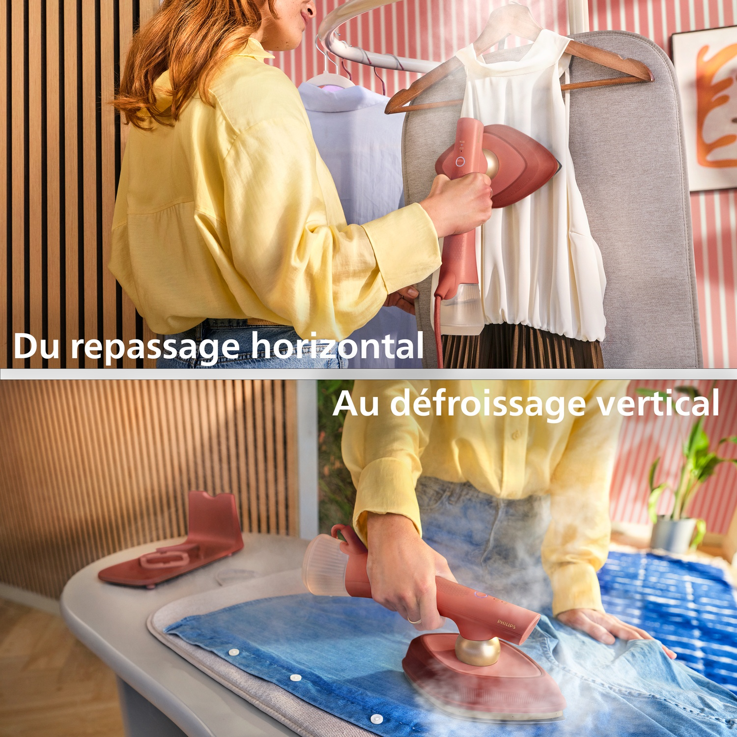 Une personne repasse un haut blanc horizontalement et une chemise bleue verticalement.