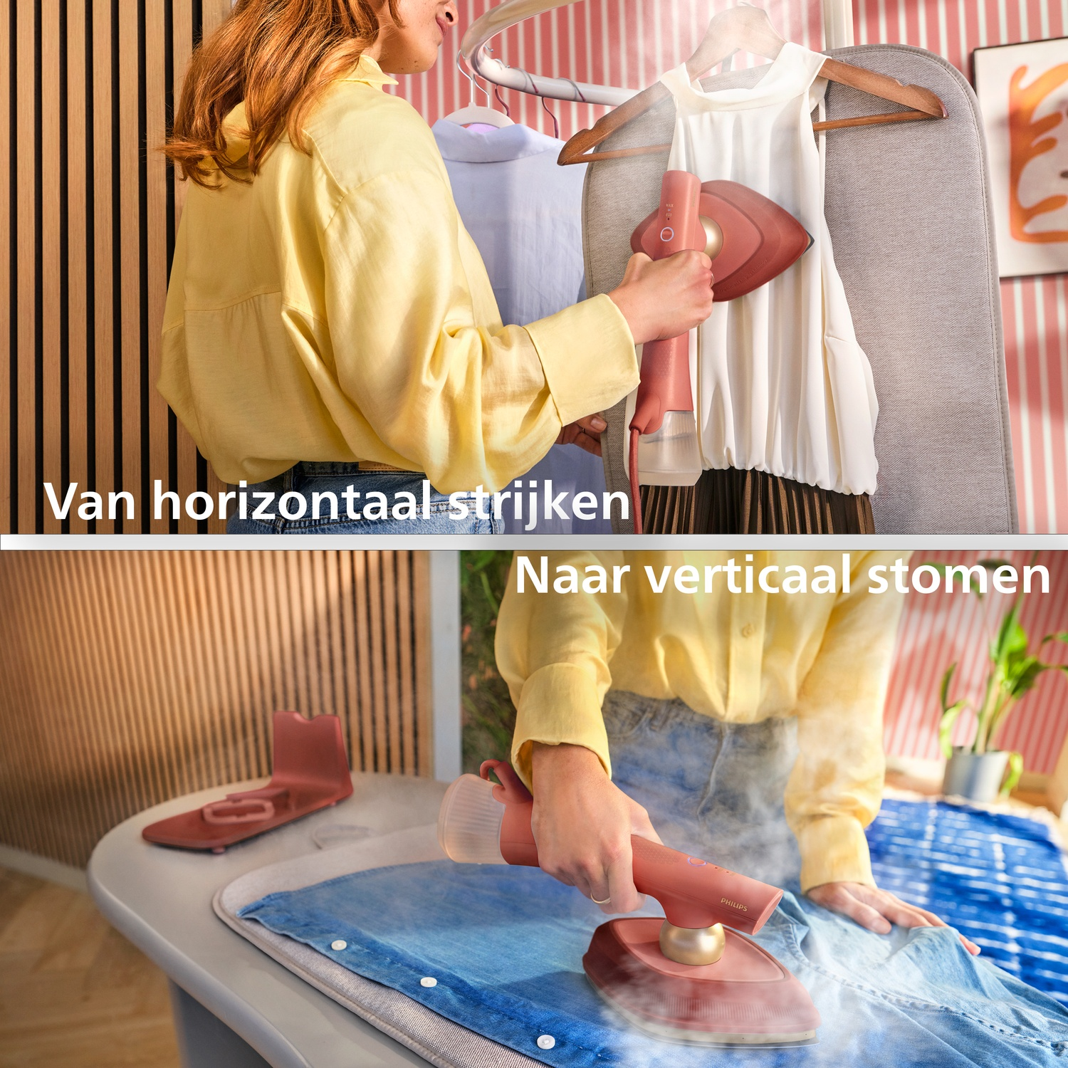 Woman irons clothes horizontally and vertically with a handheld steamer.