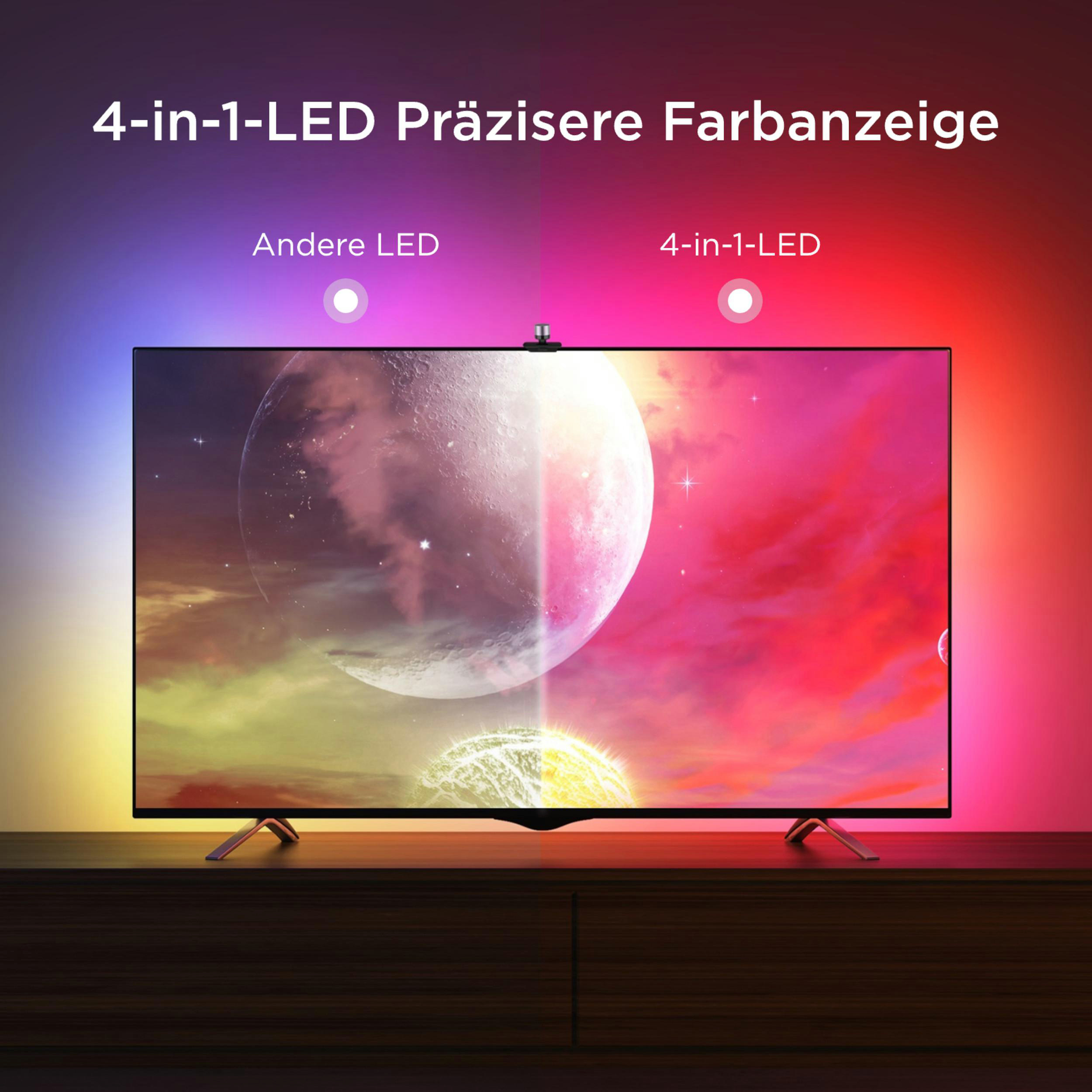 Ein Fernseher zeigt eine Weltraumlandschaft mit Mond und Sonne, beleuchtet von LED-Streifen.