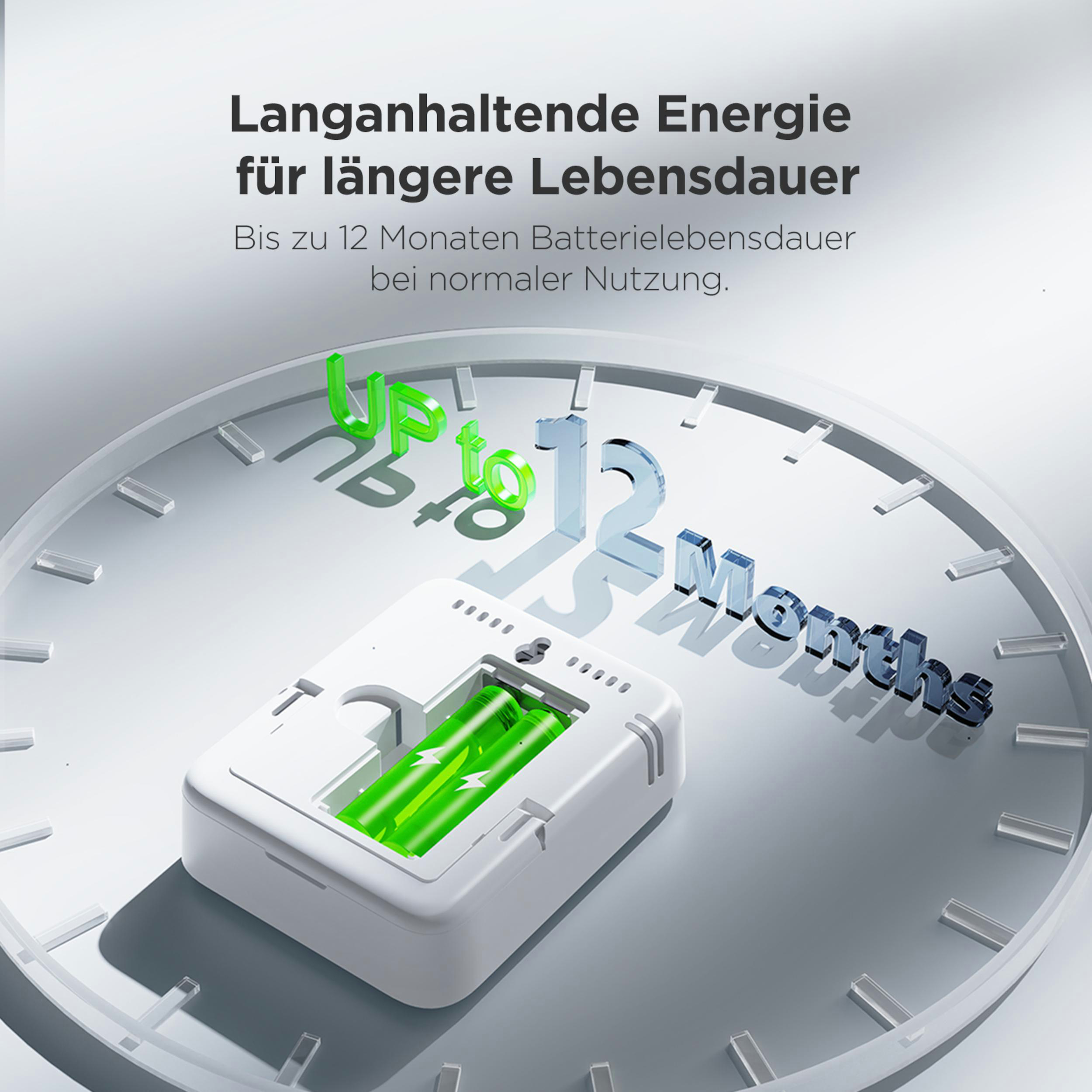 Batteriegehäuse mit grünen Batterien, auf einer Uhr, die 12 Monate anzeigt.