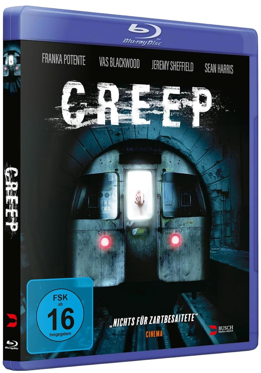 Blu-ray Cover: Hand greift durch Zugfenster. Titel CREEP. FSK 16.