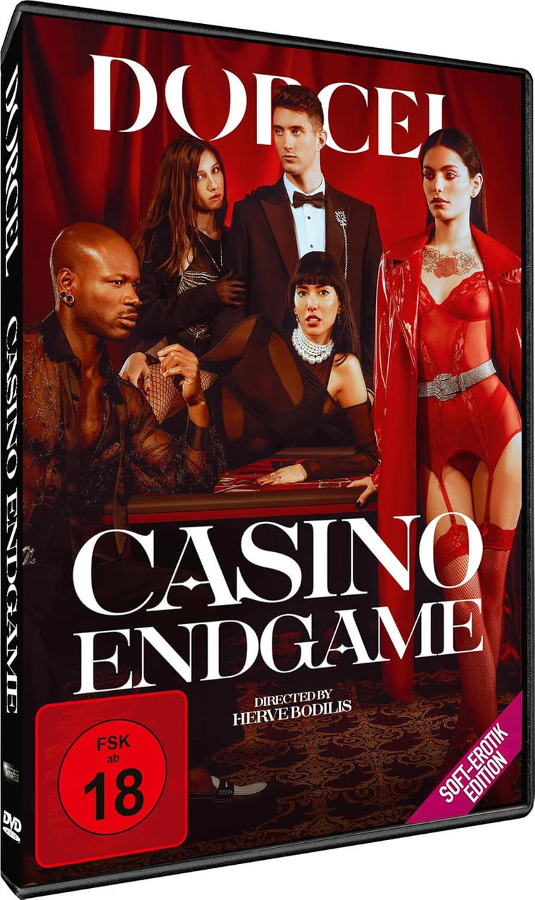 Fünf Personen in eleganter Kleidung posieren vor rotem Vorhang. Titel: Casino Endgame.