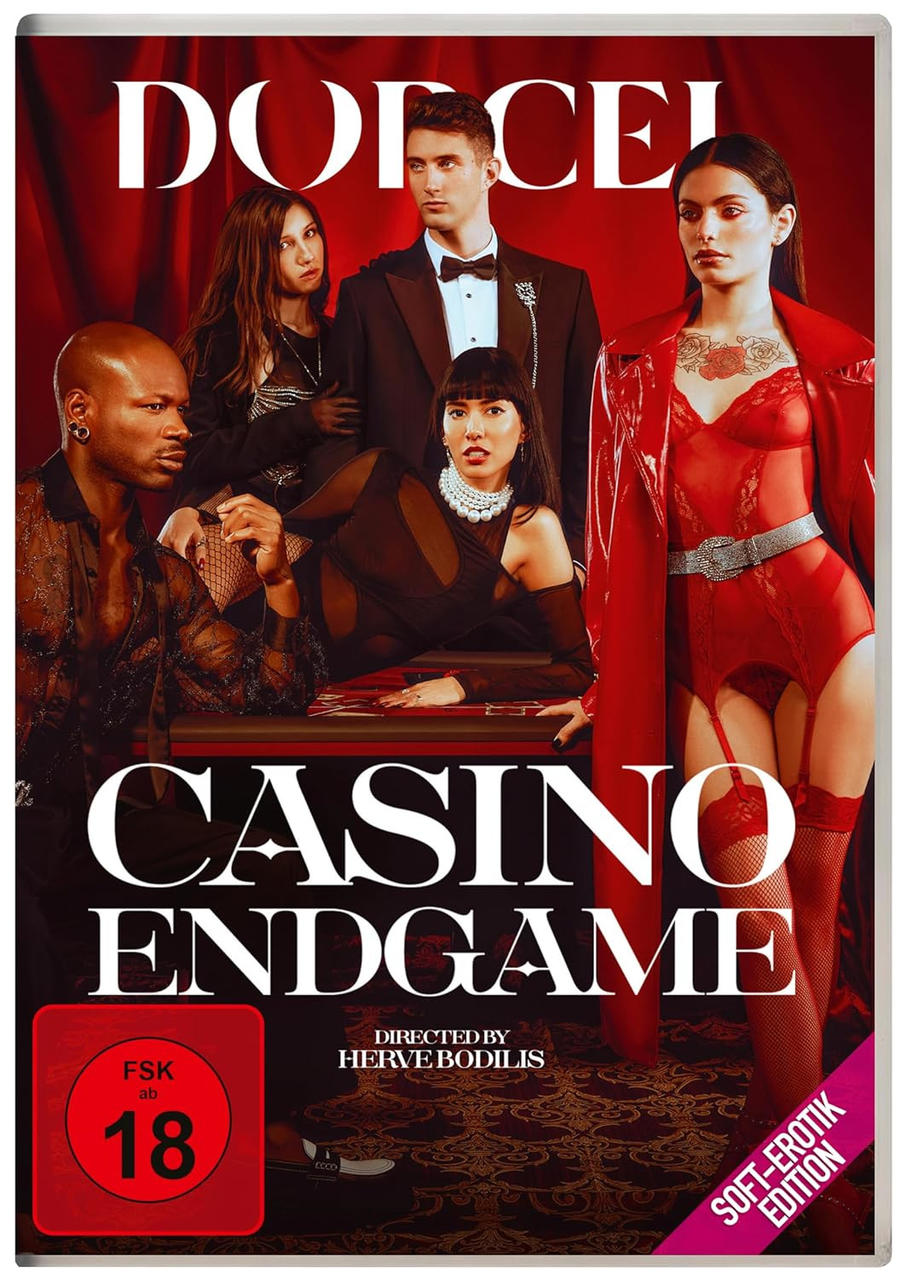 Fünf Personen in erotischer Kleidung posieren vor einem roten Vorhang. Titel: CASINO ENDGAME.