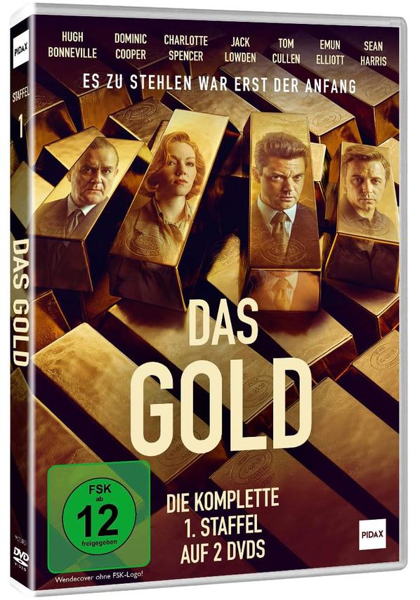 DVD-Cover: "Das Gold", Staffel 1, mit Schauspielern und Goldbarren.