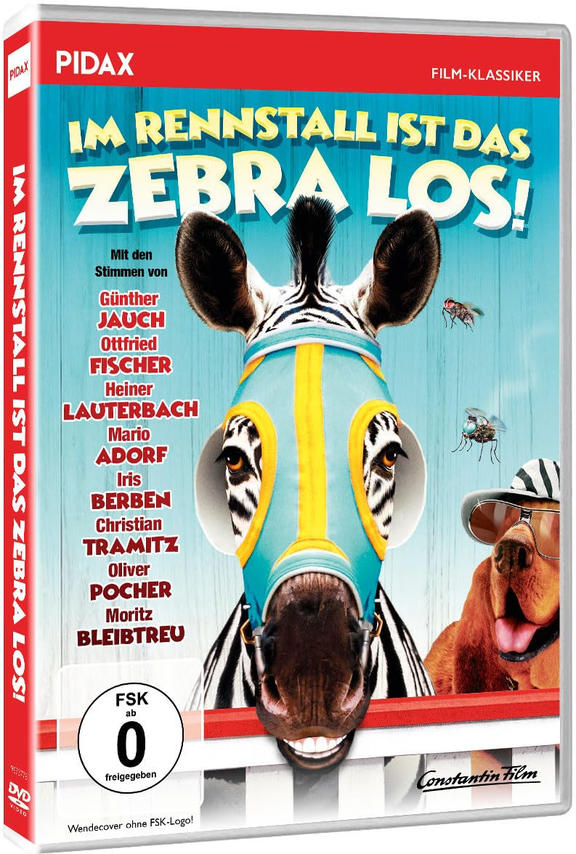 Ein Zebra mit blauer Maulbinde und ein Hund mit Sonnenbrille auf DVD-Hülle.