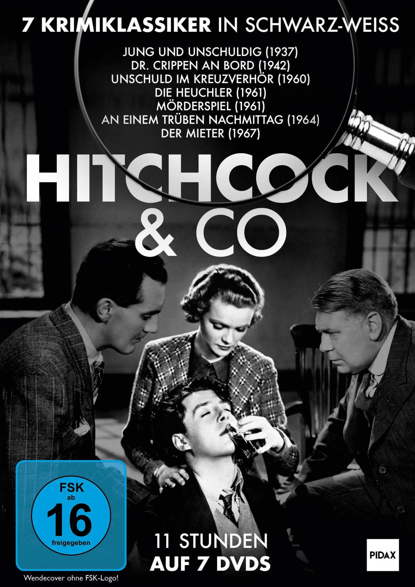 Filmplakat: 7 Krimiklassiker von Hitchcock & Co. mit vier Personen.