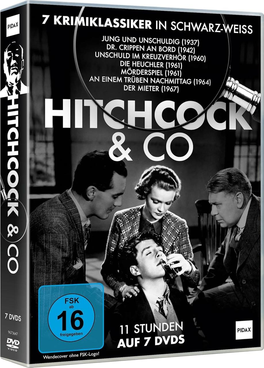 DVD-Cover für Hitchcock & Co: Vier Personen in Schwarz-Weiß, FSK 16.
